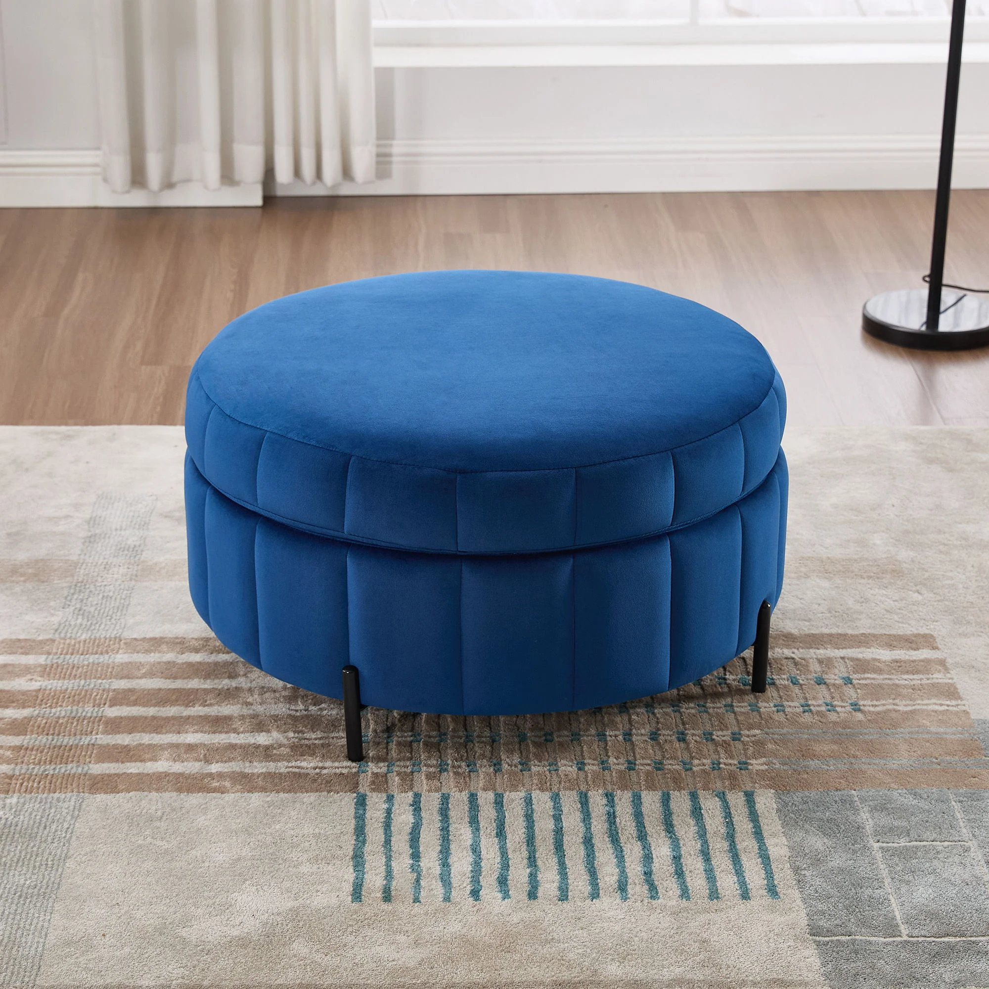 Upholstered Round Ottoman With Reversible Lid, Channel Tufted Pumpkin Shape - Image 15