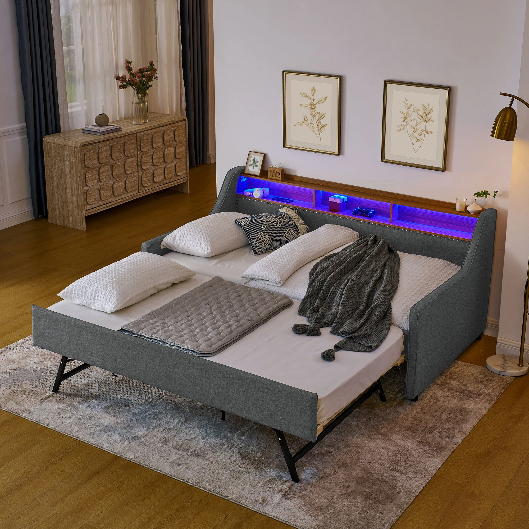 Upholstered Sofa Bed With LED Lights, Storage Headboard, Foldable Trundle & Wireless Charging - Image 10