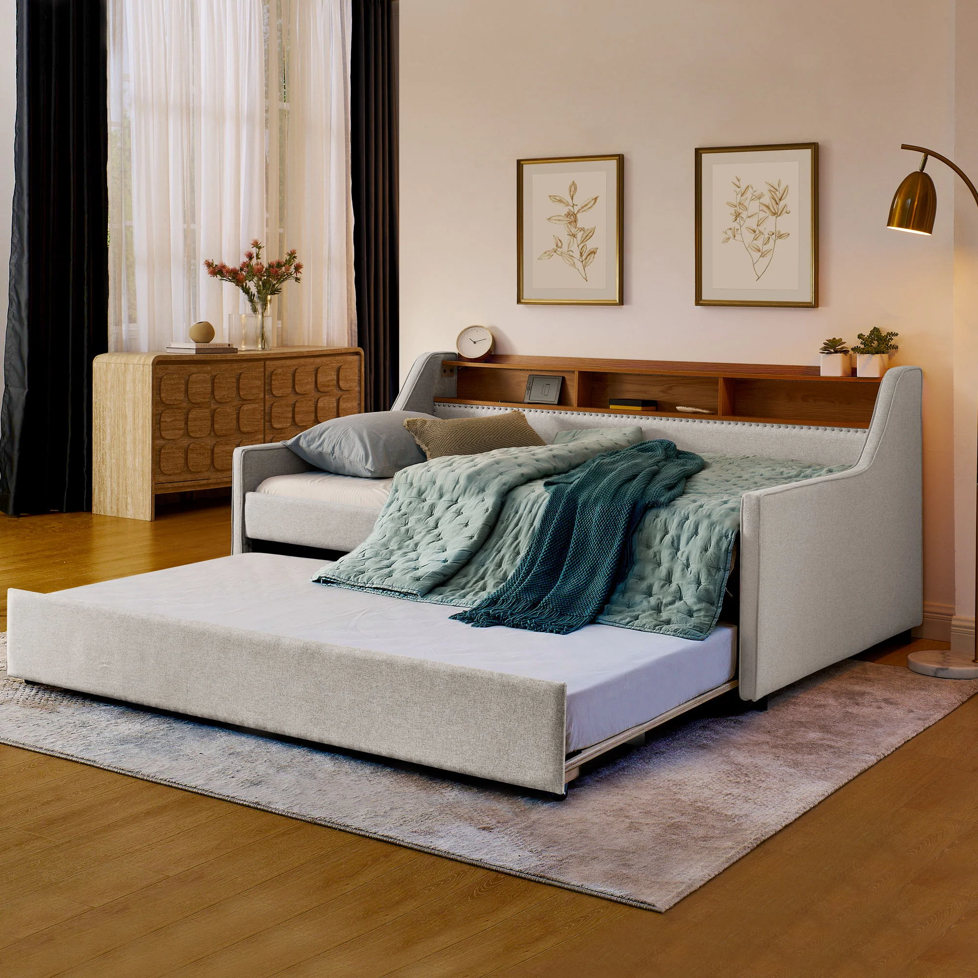 Upholstered Sofa Bed With LED Lights, Storage Headboard, Foldable Trundle & Wireless Charging - Image 11
