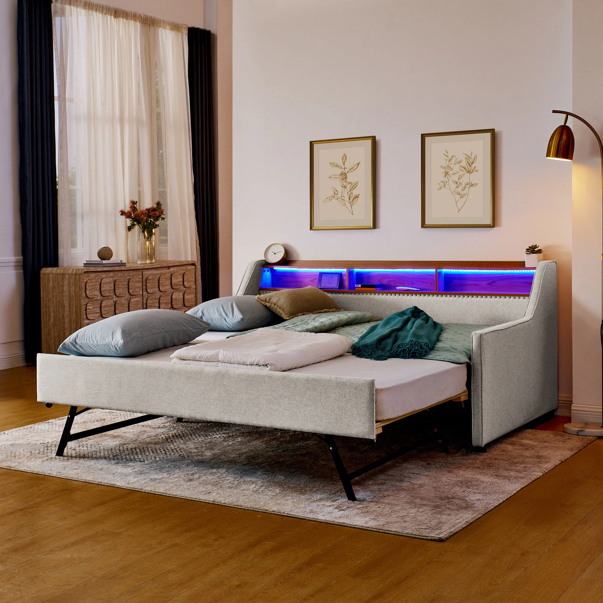 Upholstered Sofa Bed With LED Lights, Storage Headboard, Foldable Trundle & Wireless Charging - Image 12