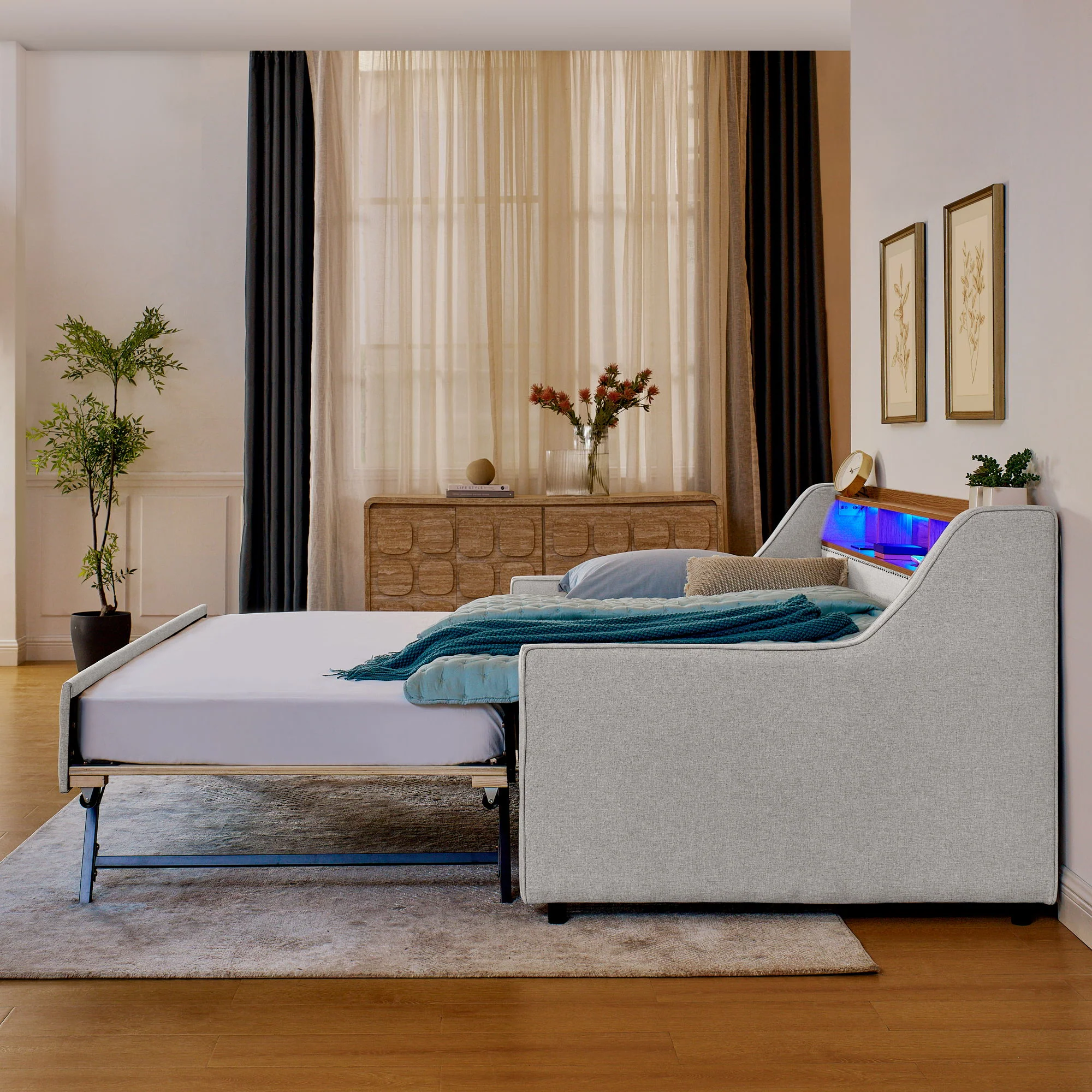 Upholstered Sofa Bed With LED Lights, Storage Headboard, Foldable Trundle & Wireless Charging - Image 15