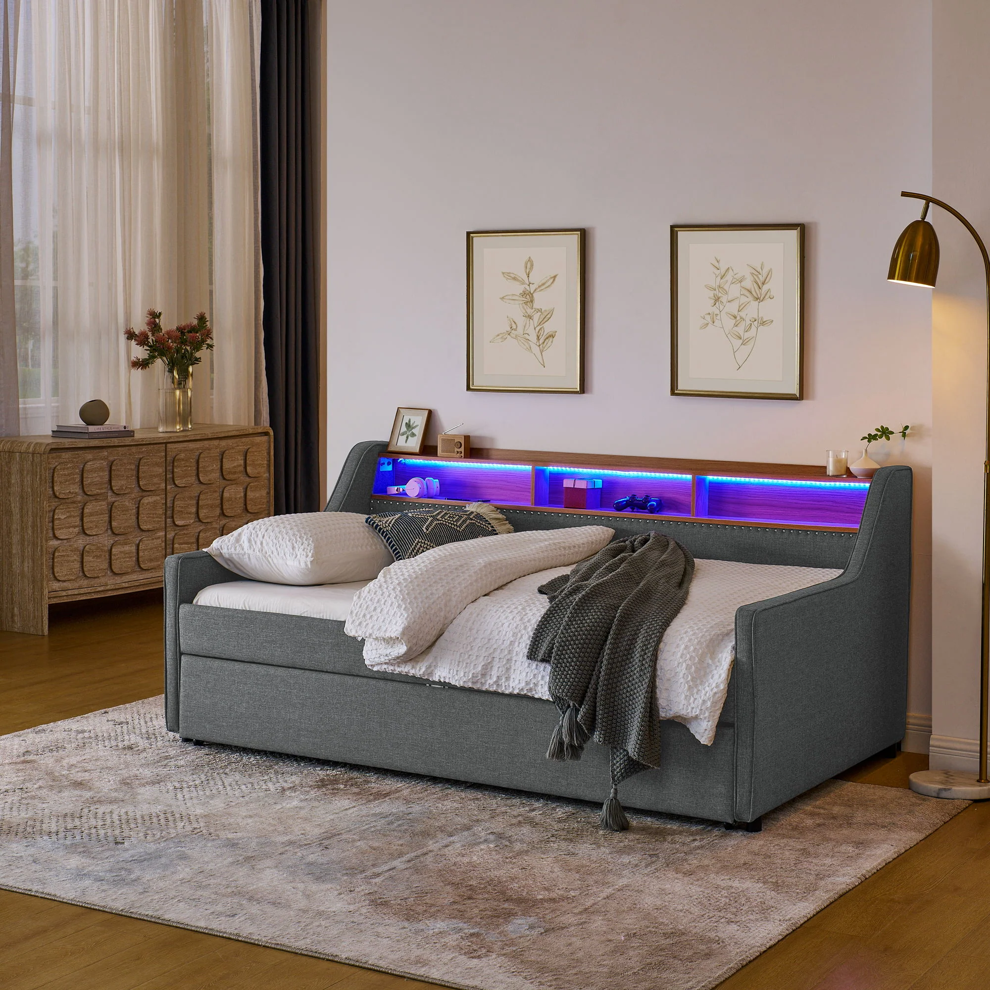 Upholstered Sofa Bed With LED Lights, Storage Headboard, Foldable Trundle & Wireless Charging - Image 17