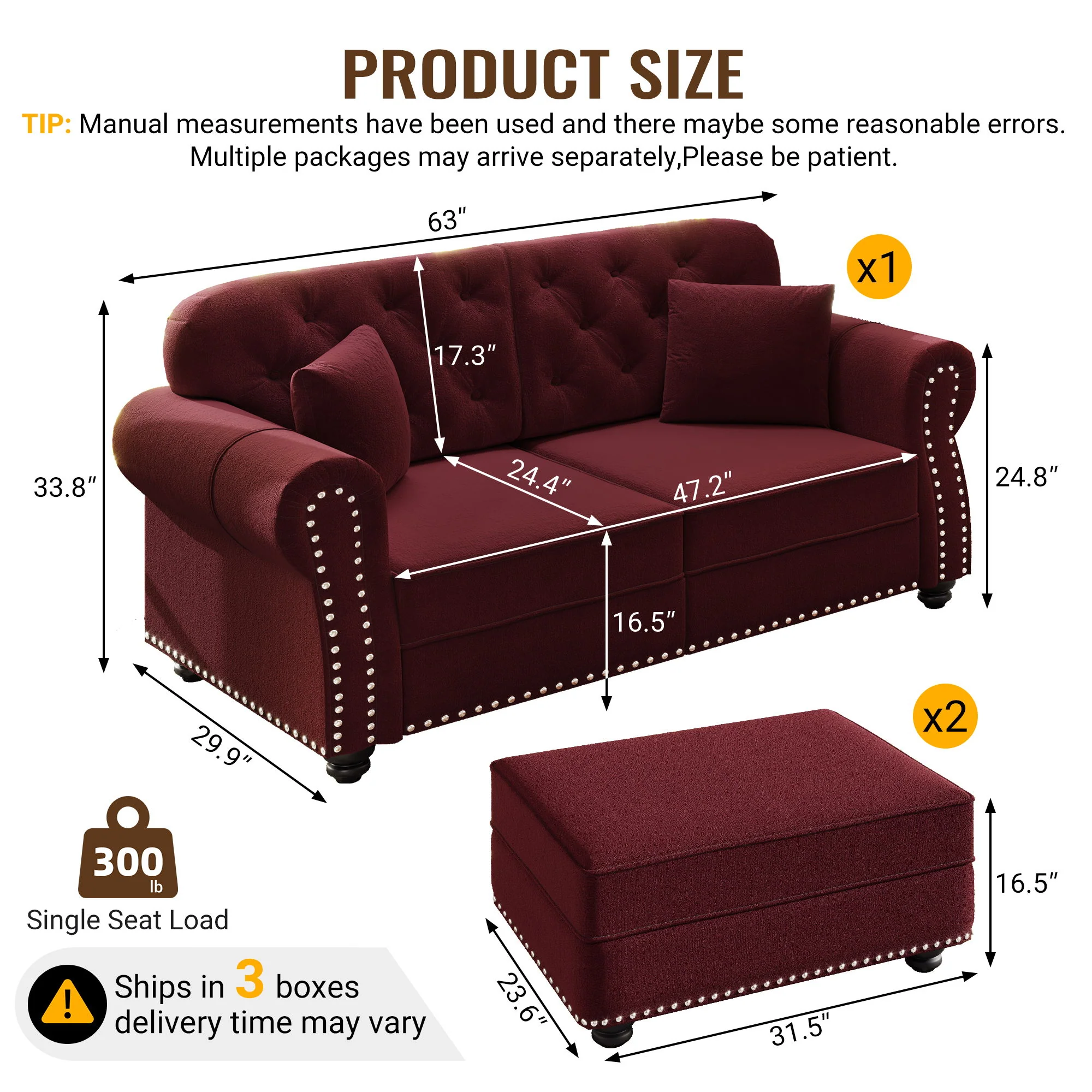 Upholstered Sofa Set With Nailhead Trim And Rolled Armrests, Includes Pillows - Image 42