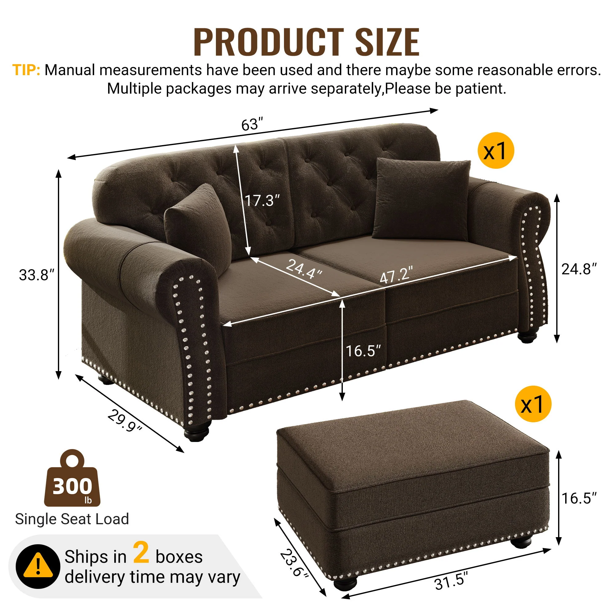 Upholstered Sofa Set With Nailhead Trim And Rolled Armrests, Includes Pillows - Image 85
