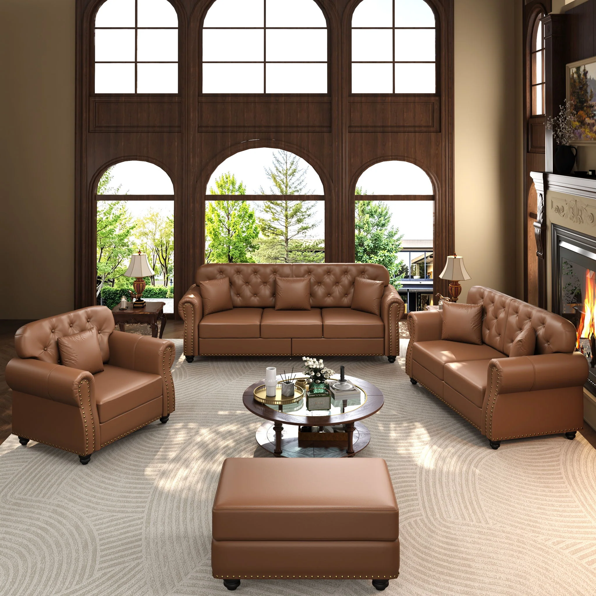 Upholstered Sofa With Nailhead Trim, Rolled Armrests With Ottoman - Image 32