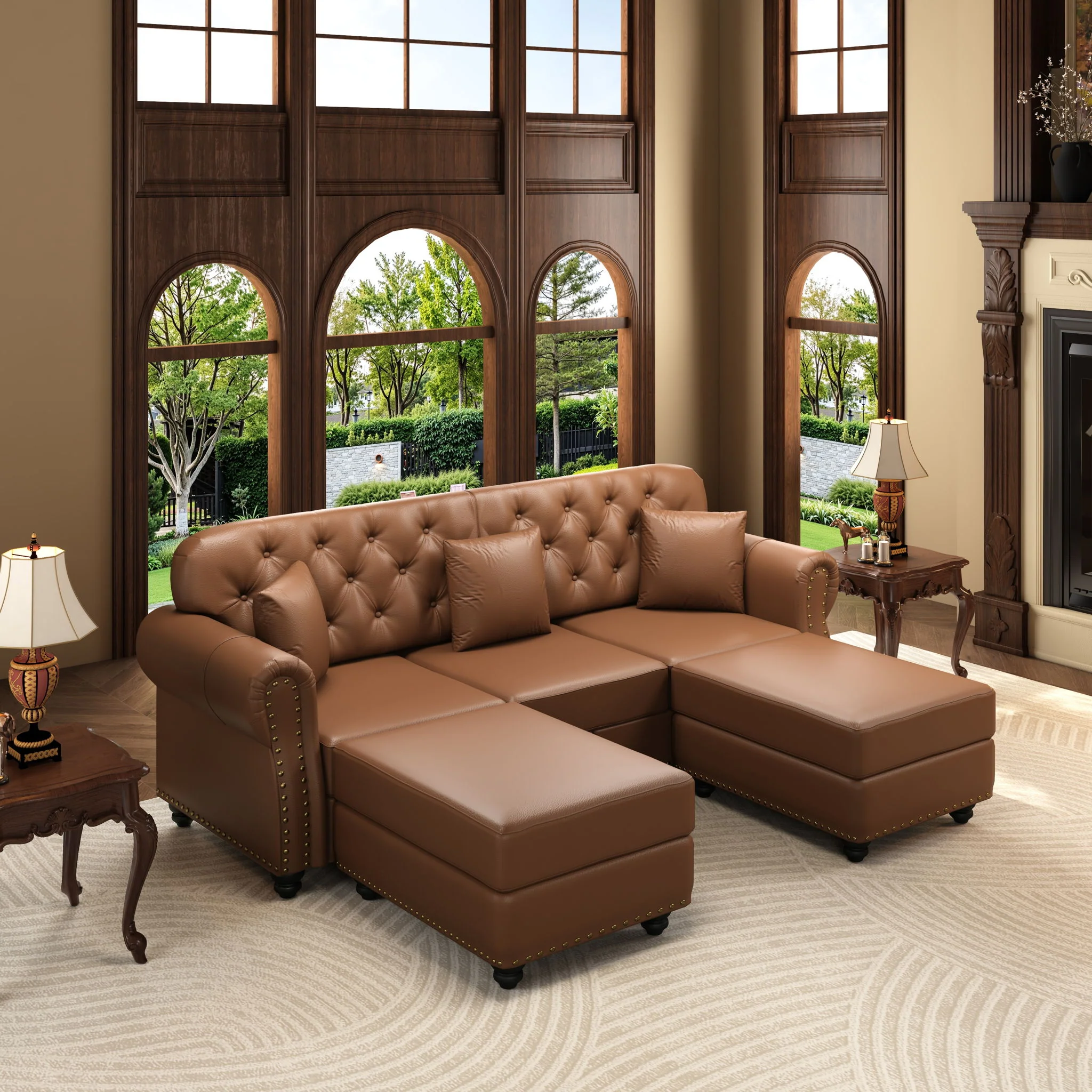 Upholstered Sofa With Nailhead Trim, Rolled Armrests With Ottoman - Image 62