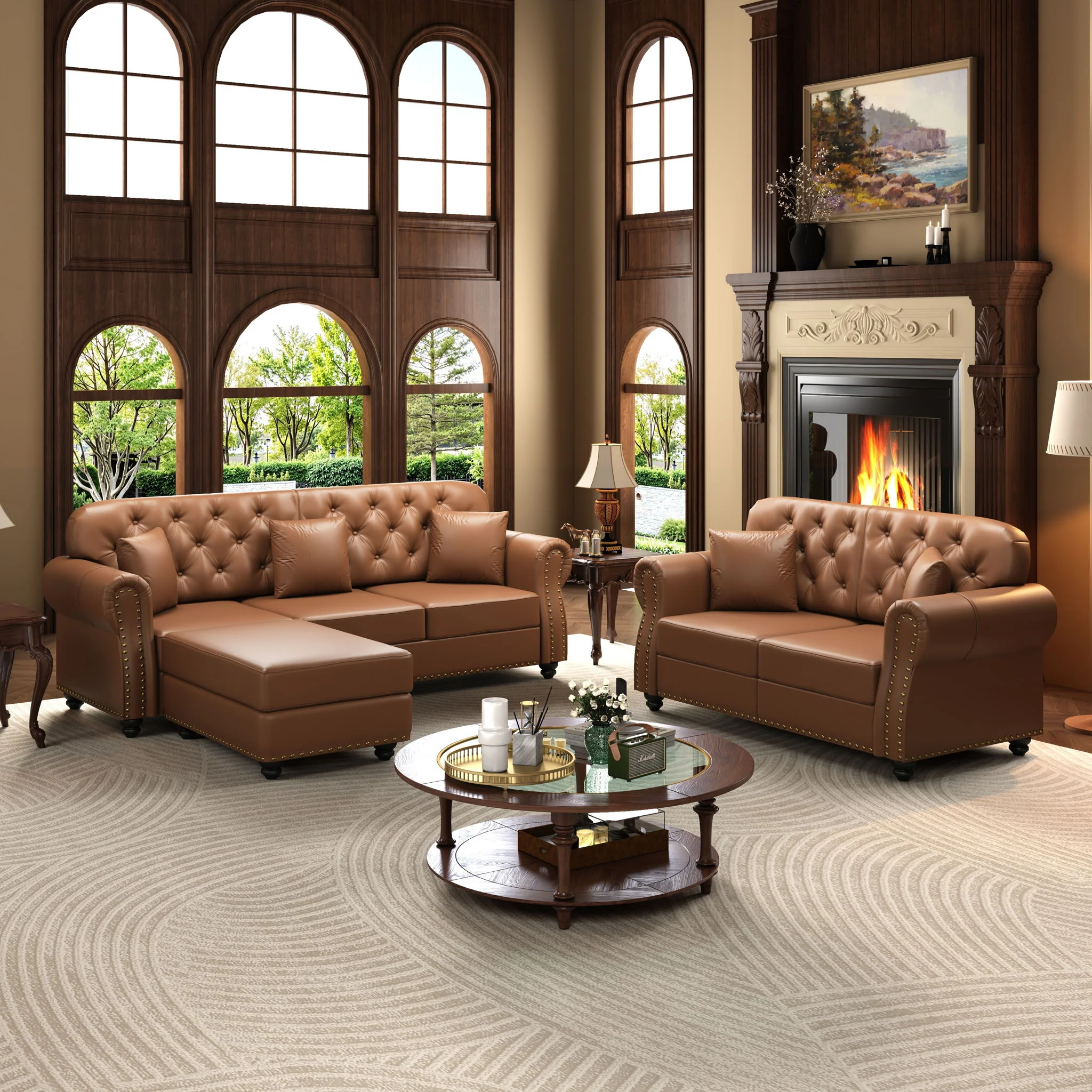 Upholstered Sofa With Nailhead Trim, Rolled Armrests With Ottoman - Image 73