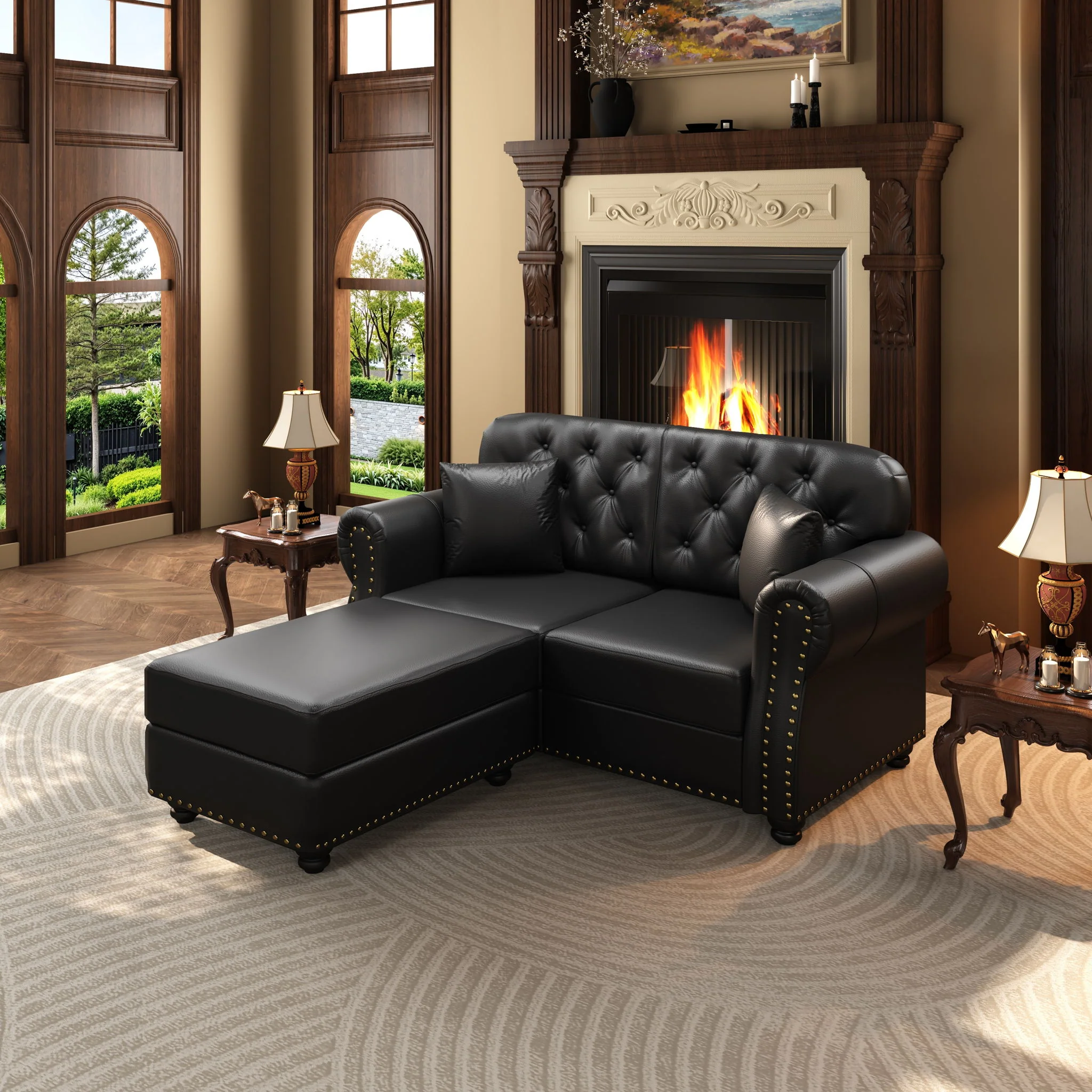 Upholstered Sofa With Nailhead Trim, Rolled Armrests With Ottoman - Image 77