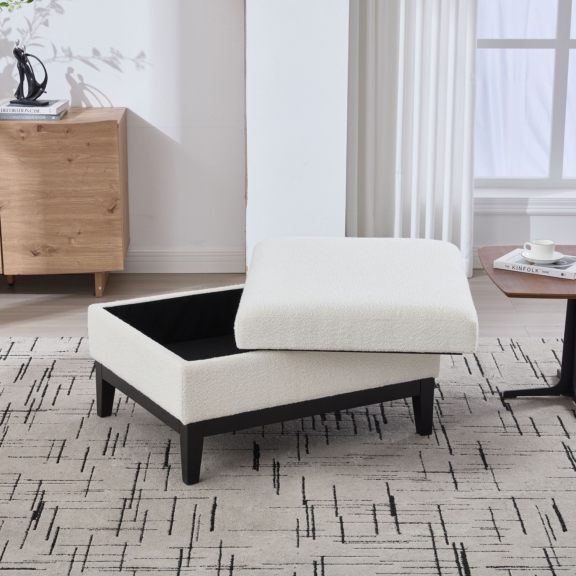 Upholstered Storage Ottoman With Reversible Lid Coffee Table With Rubberwood Legs - Image 11