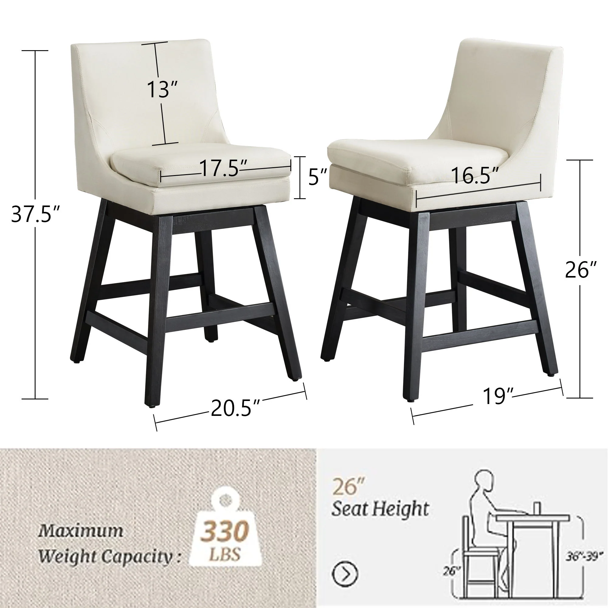 Upholstered Swivel Bar Stools With Ergonomic Design (Set of 2) - Cream White - Image 3