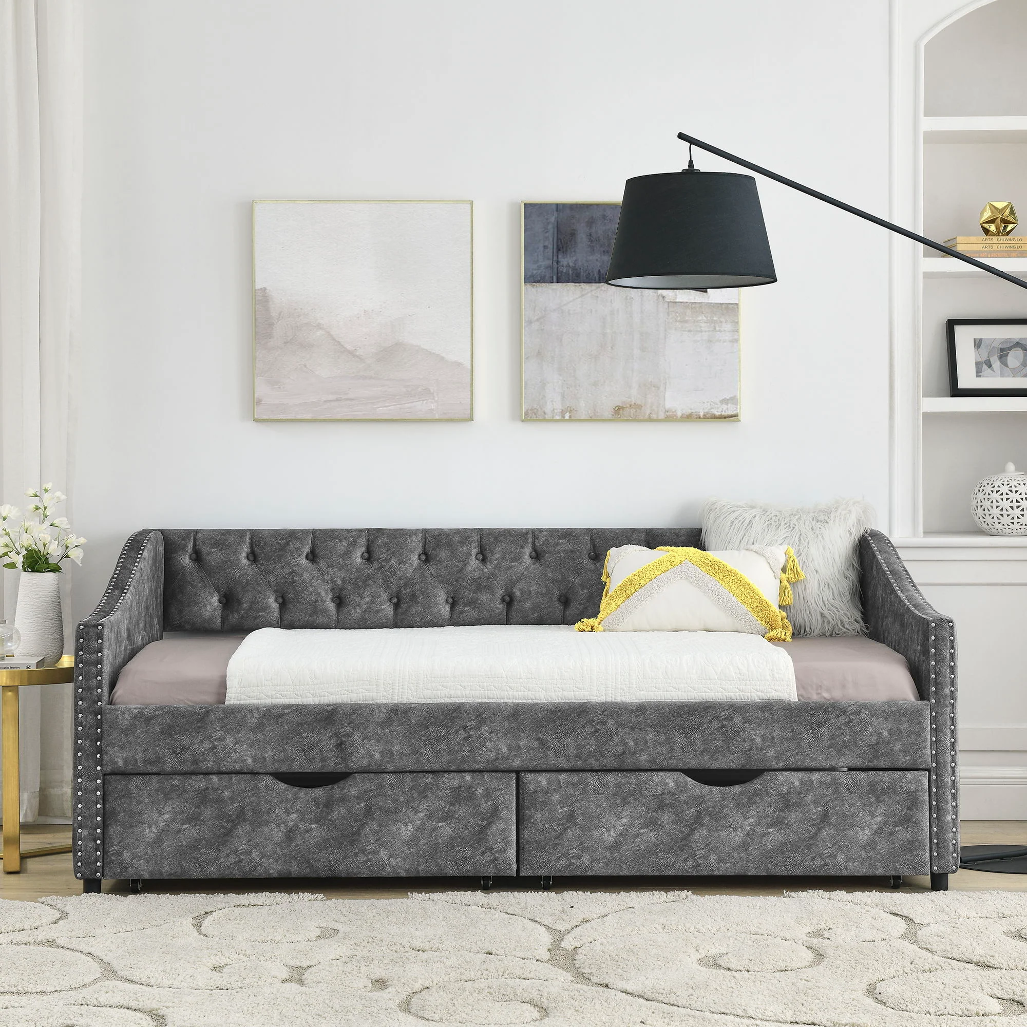 Upholstered Tufted Daybed With 2 Drawers, Waved Arms - Image 23