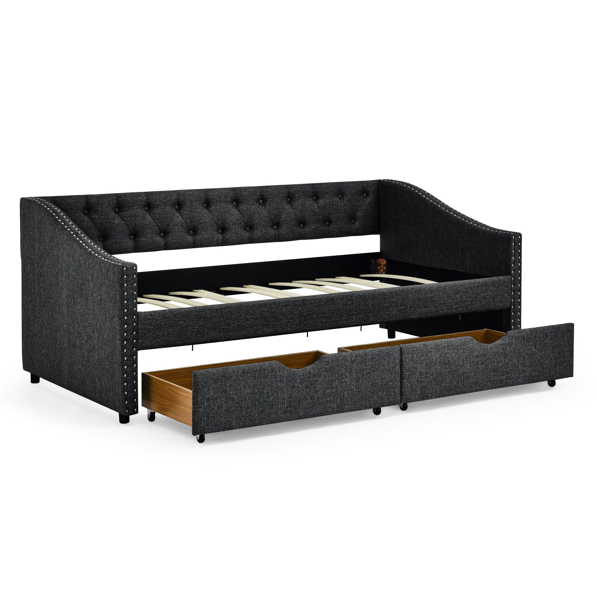 Upholstered Tufted Daybed With 2 Drawers, Waved Arms - Image 3