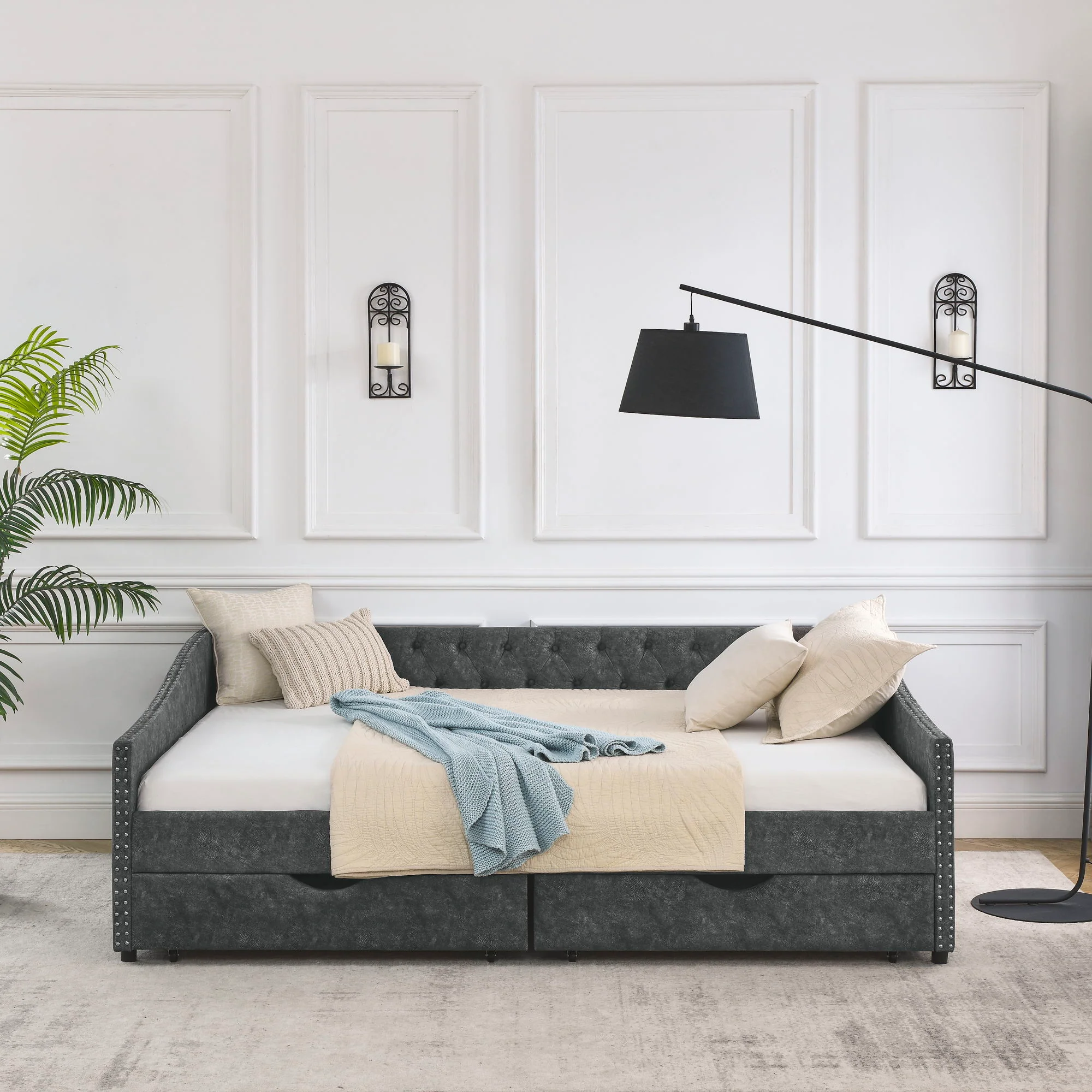 Upholstered Tufted Daybed With 2 Drawers, Waved Arms - Image 30