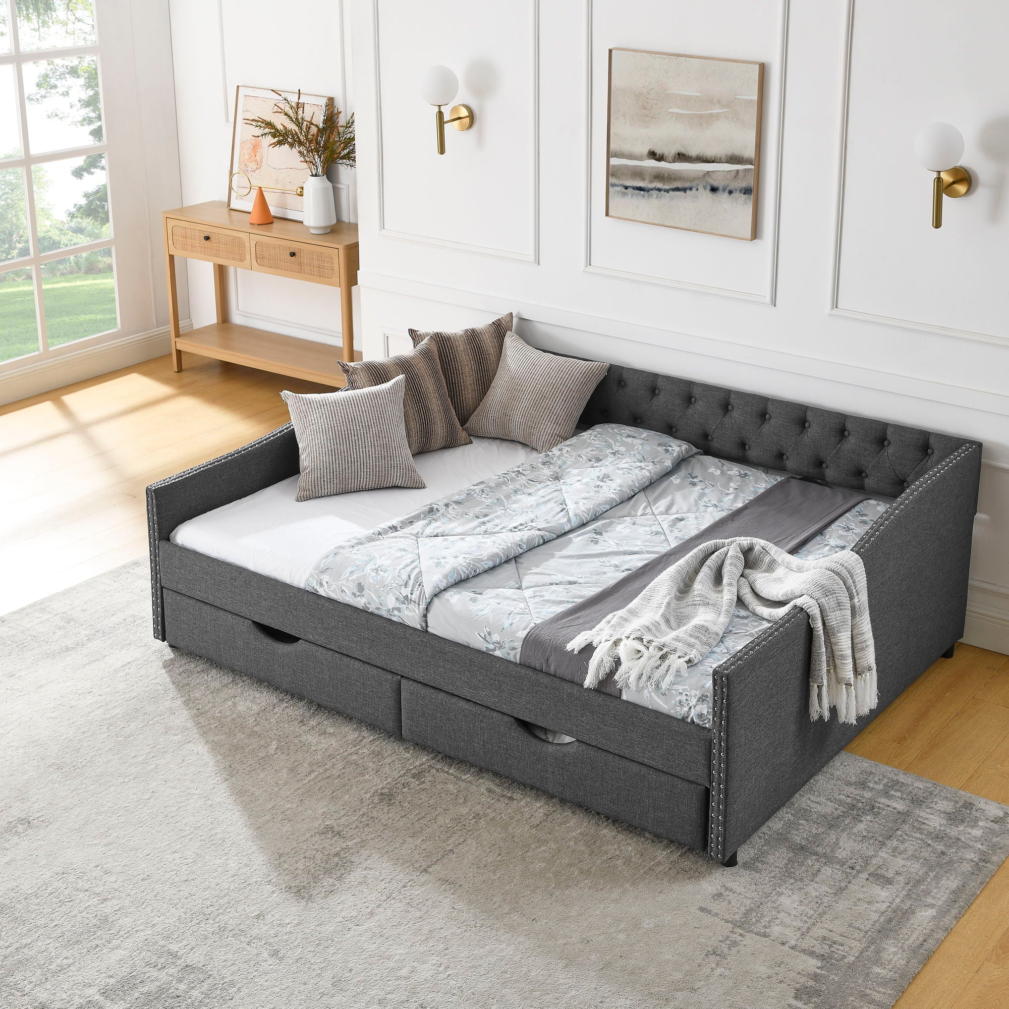 Upholstered Tufted Daybed With 2 Drawers, Waved Arms - Image 34