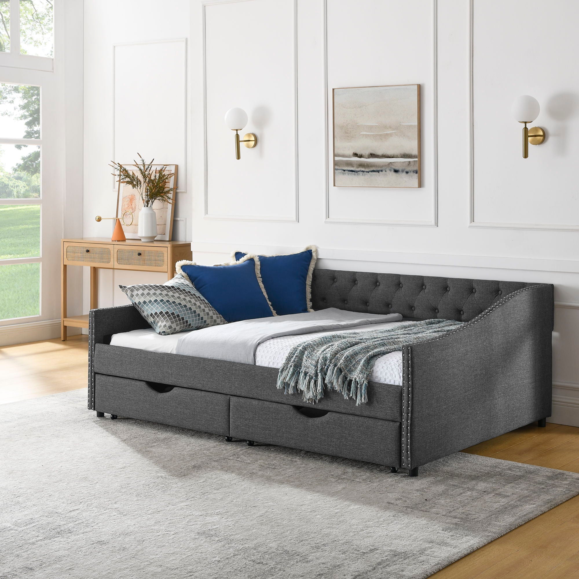 Upholstered Tufted Daybed With 2 Drawers, Waved Arms - Image 35