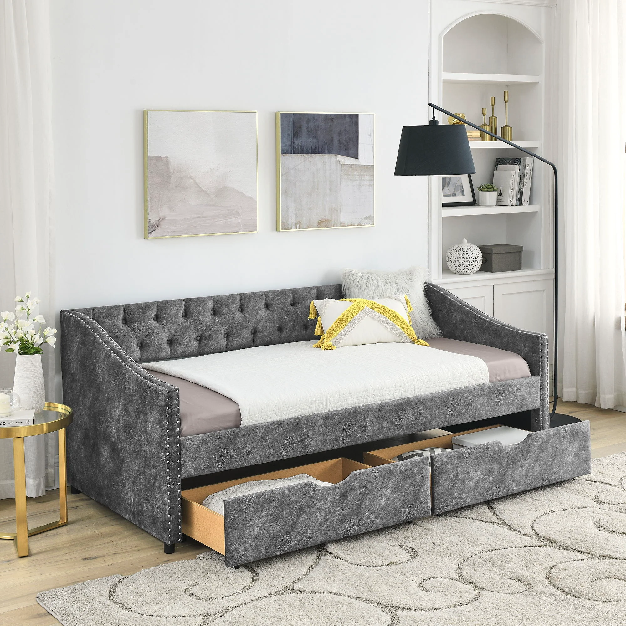 Upholstered Tufted Daybed With 2 Drawers, Waved Arms - Image 50