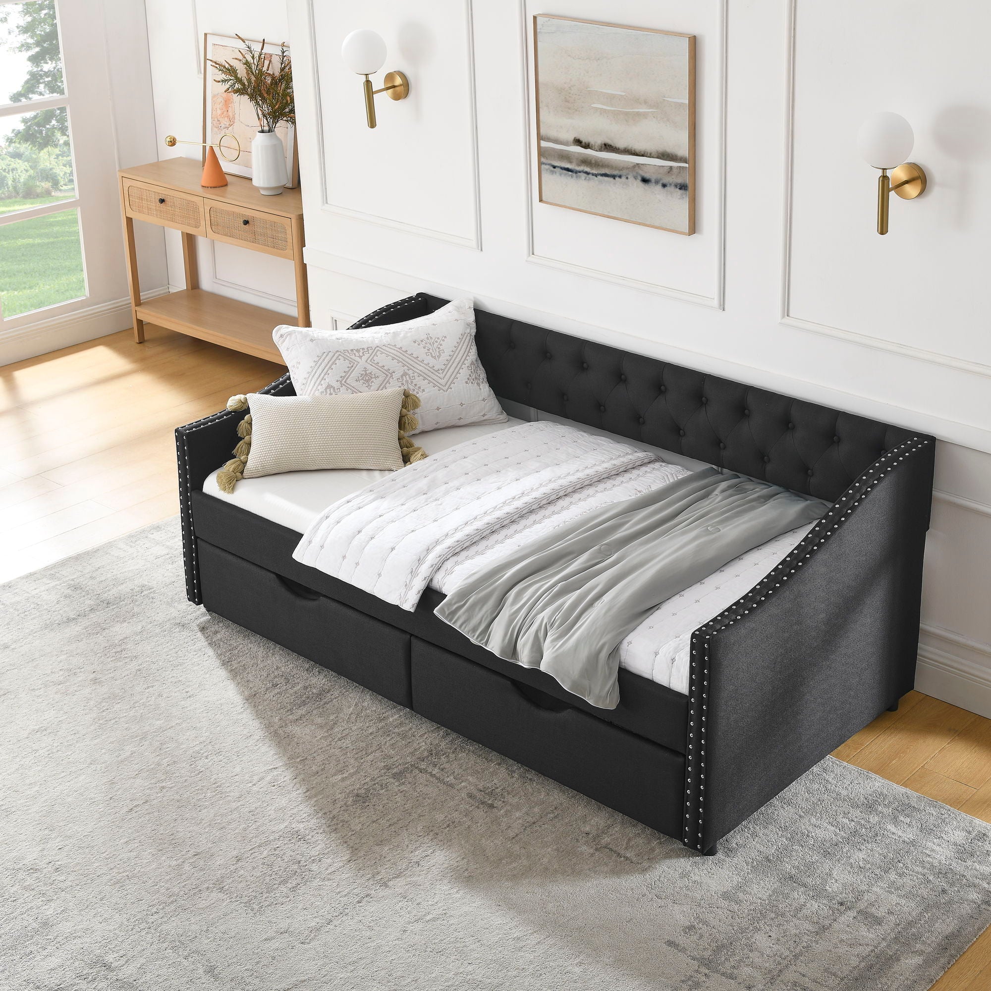 Upholstered Tufted Daybed With 2 Drawers, Waved Arms - Image 61