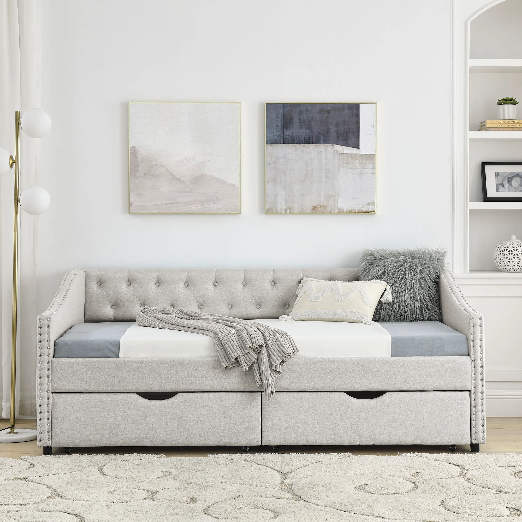 Upholstered Tufted Daybed With 2 Drawers, Waved Arms - Image 67
