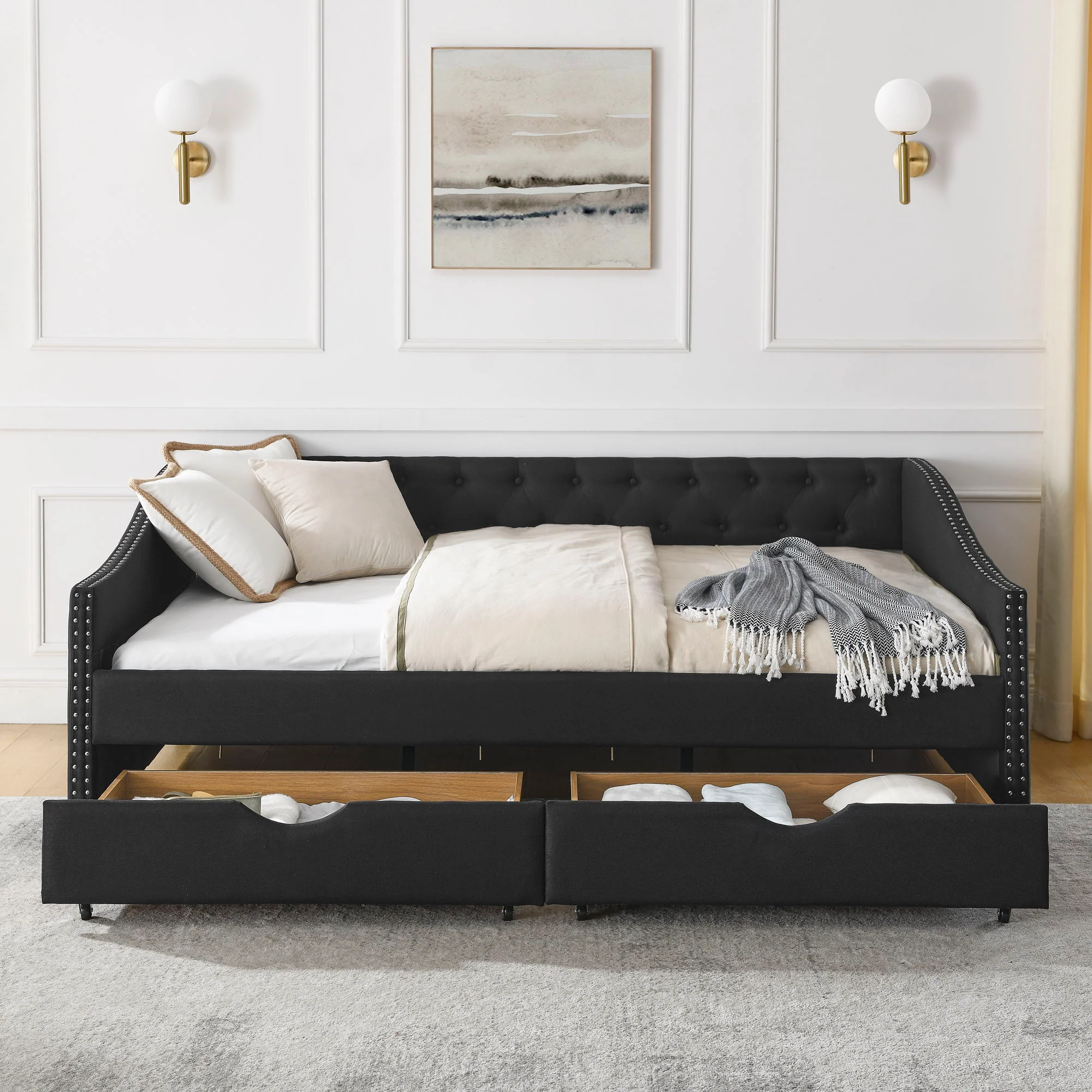 Upholstered Tufted Daybed With 2 Drawers, Waved Arms - Image 85
