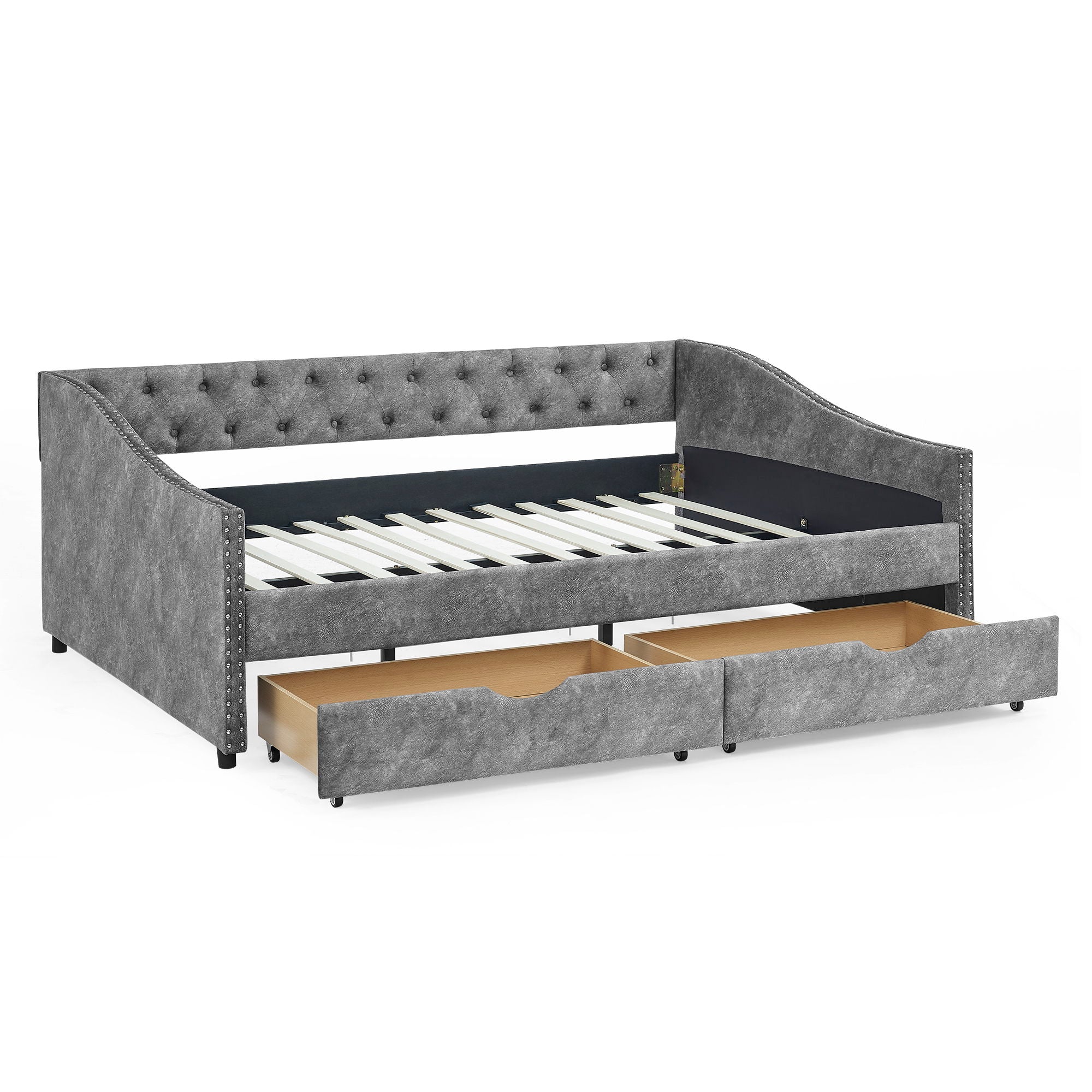 Upholstered Tufted Daybed With Drawers, Waved Arms - Image 61