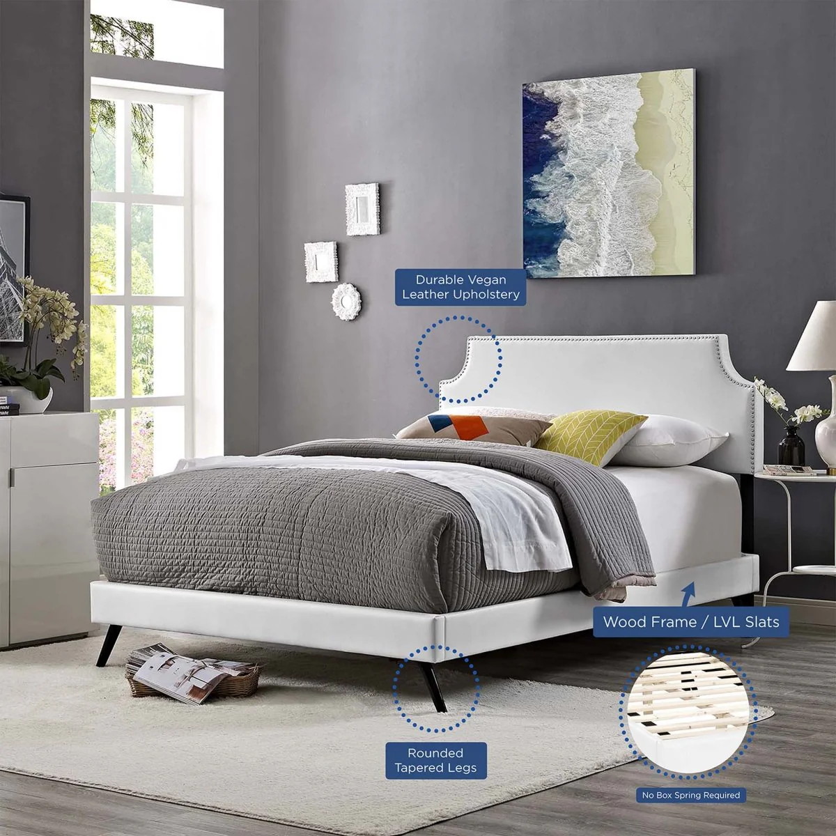 Upholstered Vinyl Platform Bed with Round Splayed Legs - Image 2