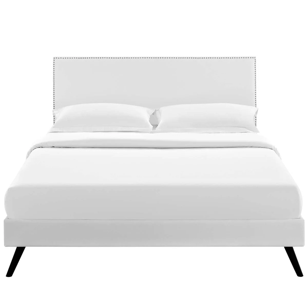 Upholstered Vinyl Full Platform Bed with Round Splayed Legs in White - Image 4