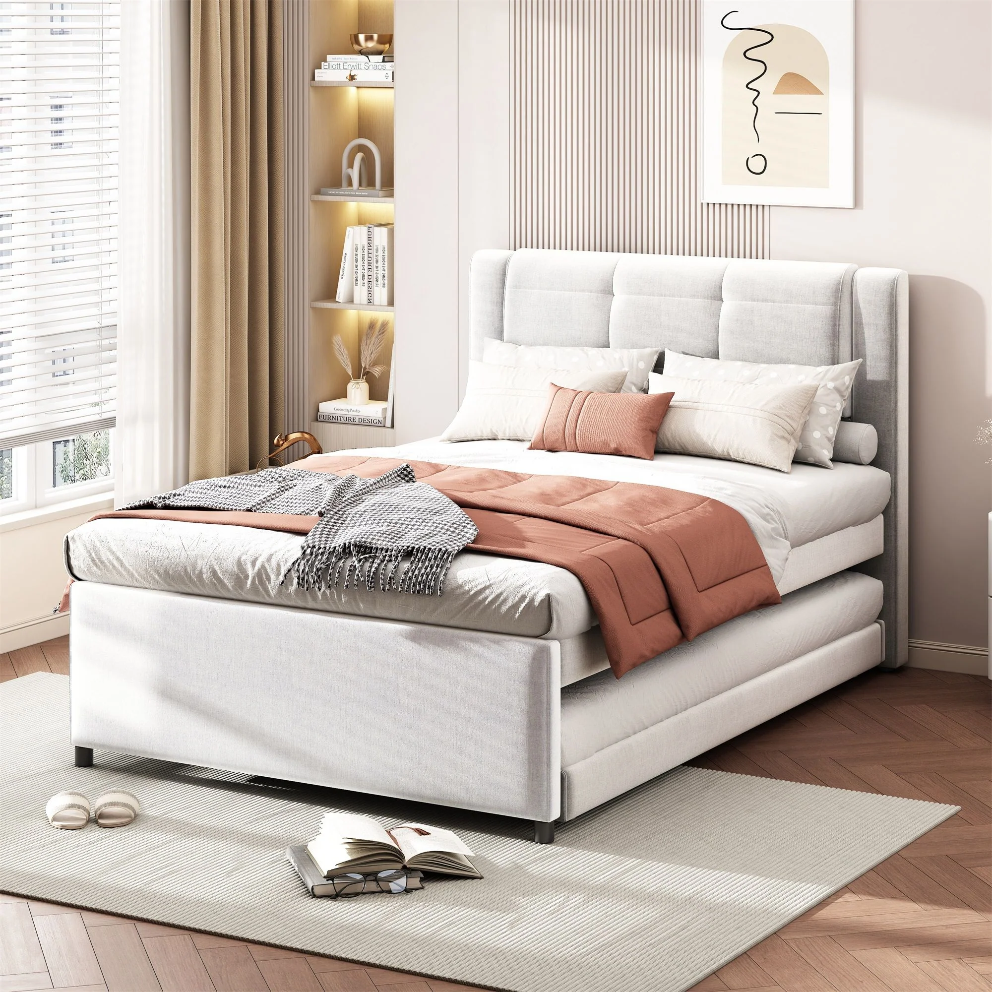 Upholstery Platform Bed With Trundle, Trundle Can Be Flat Or Erected - Image 17