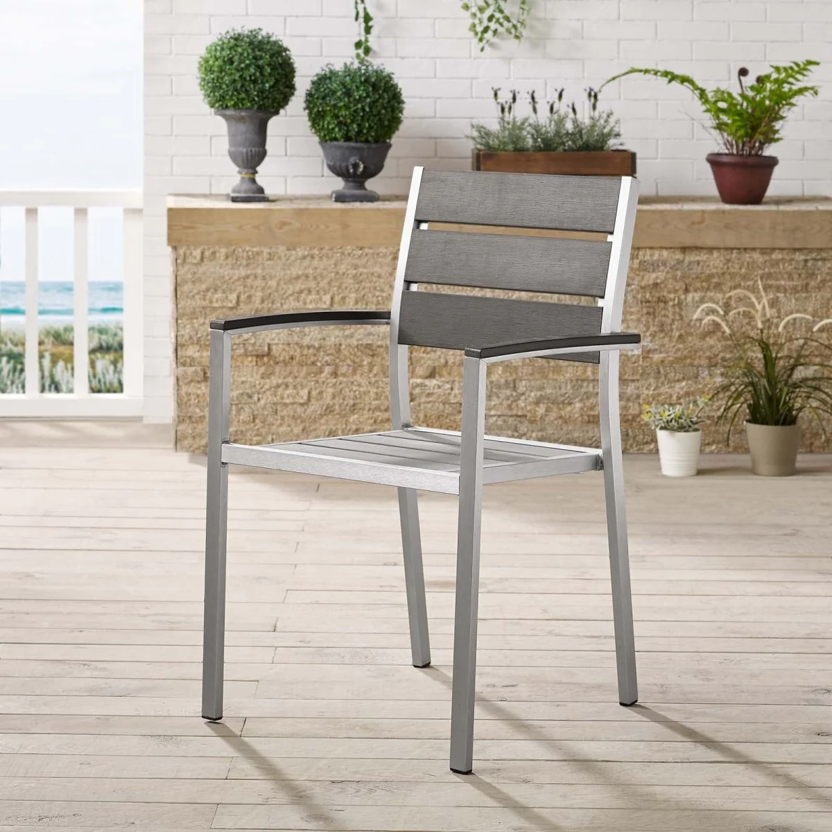 Outdoor Aluminum Dining Armchair with Wood Accents – Silver Gray - Image 4