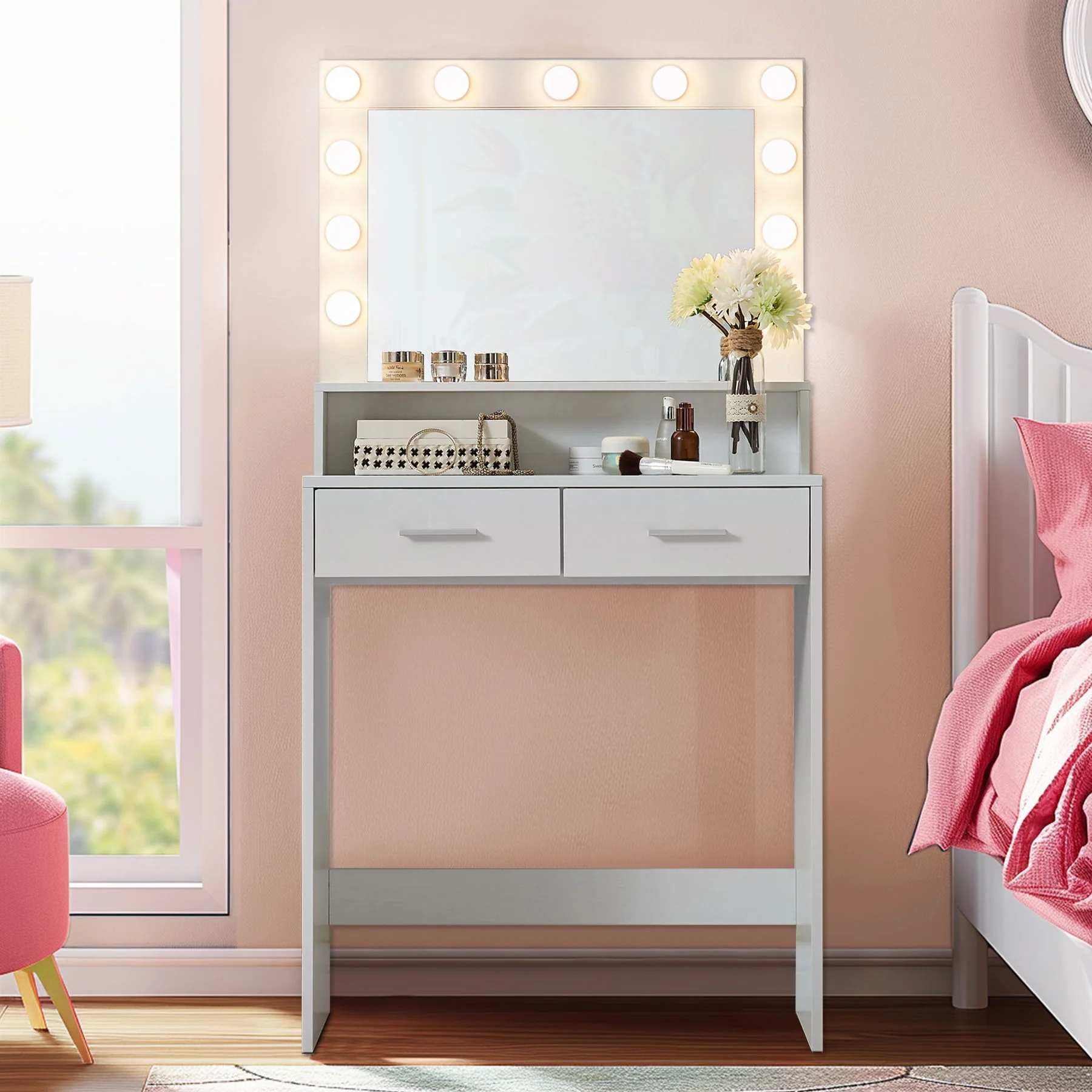 Vanity Desk With Mirror And Lights, Dressing Table With Large Drawer, 2 Level Storage Dresser & 3 Lighting Modes Adjustable Brightness, Suitable For Bedroom - Image 8