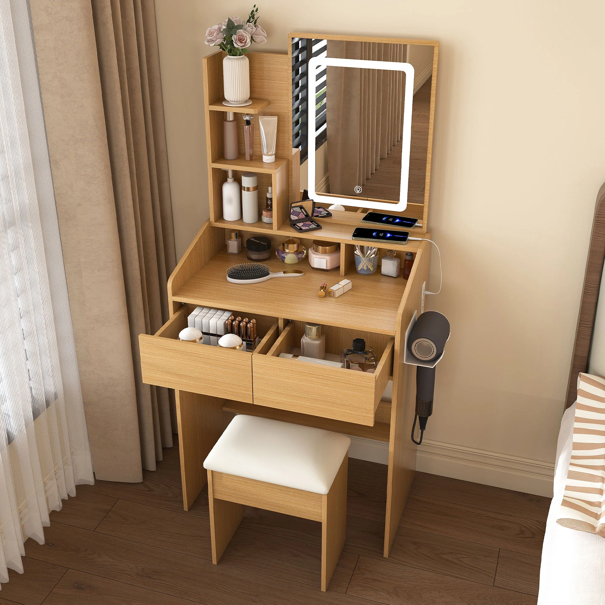 Vanity Table With LED Mirror, Power Outlet, Hairdryer Holder & Padded Stool, Compact Dressing Desk For Small Bedrooms - Wood - Image 8