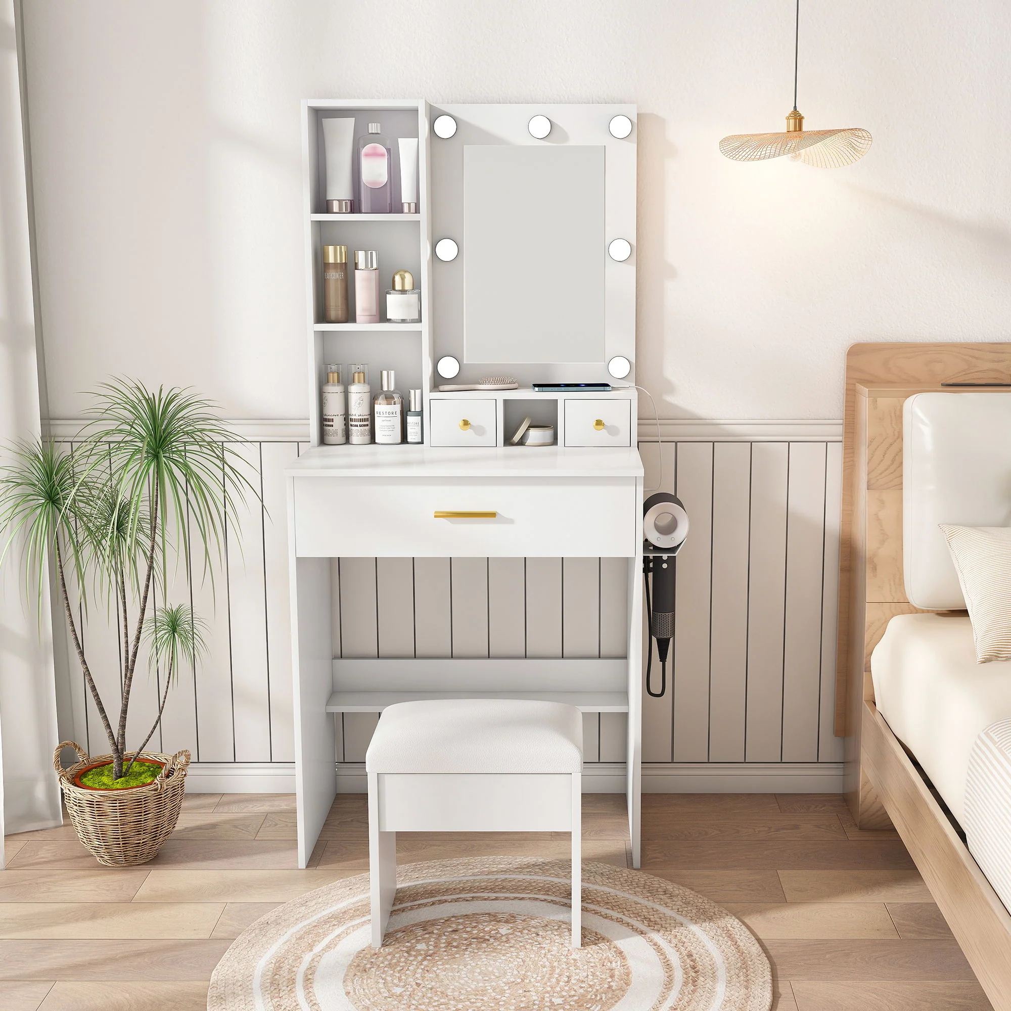 Vanity Table With Mirror, Adjustable LED Lights, Power Outlet, Hairdryer Holder & Stool - Image 24