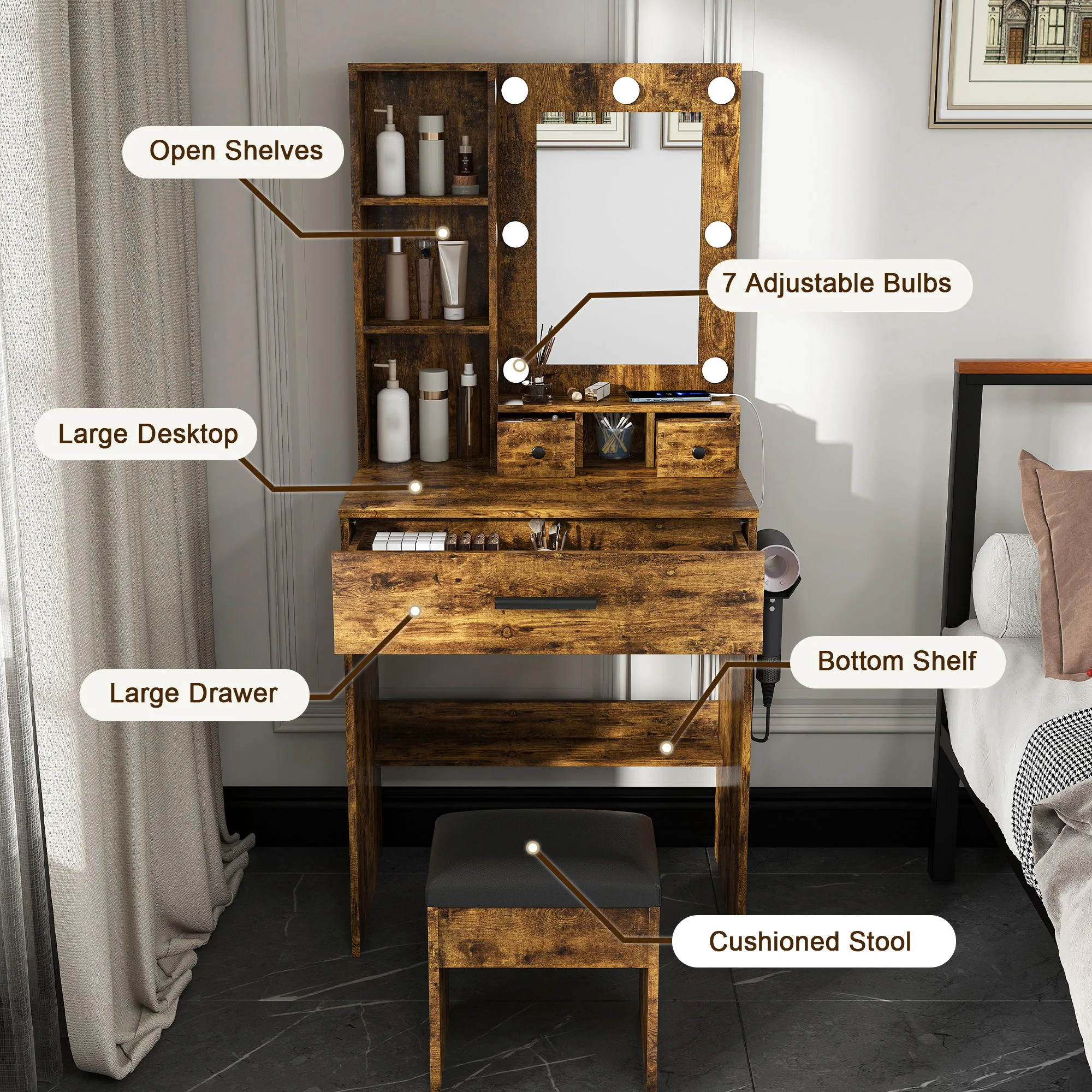 Vanity Table With Mirror, Adjustable LED Lights, Power Outlet, Hairdryer Holder & Stool - Image 5