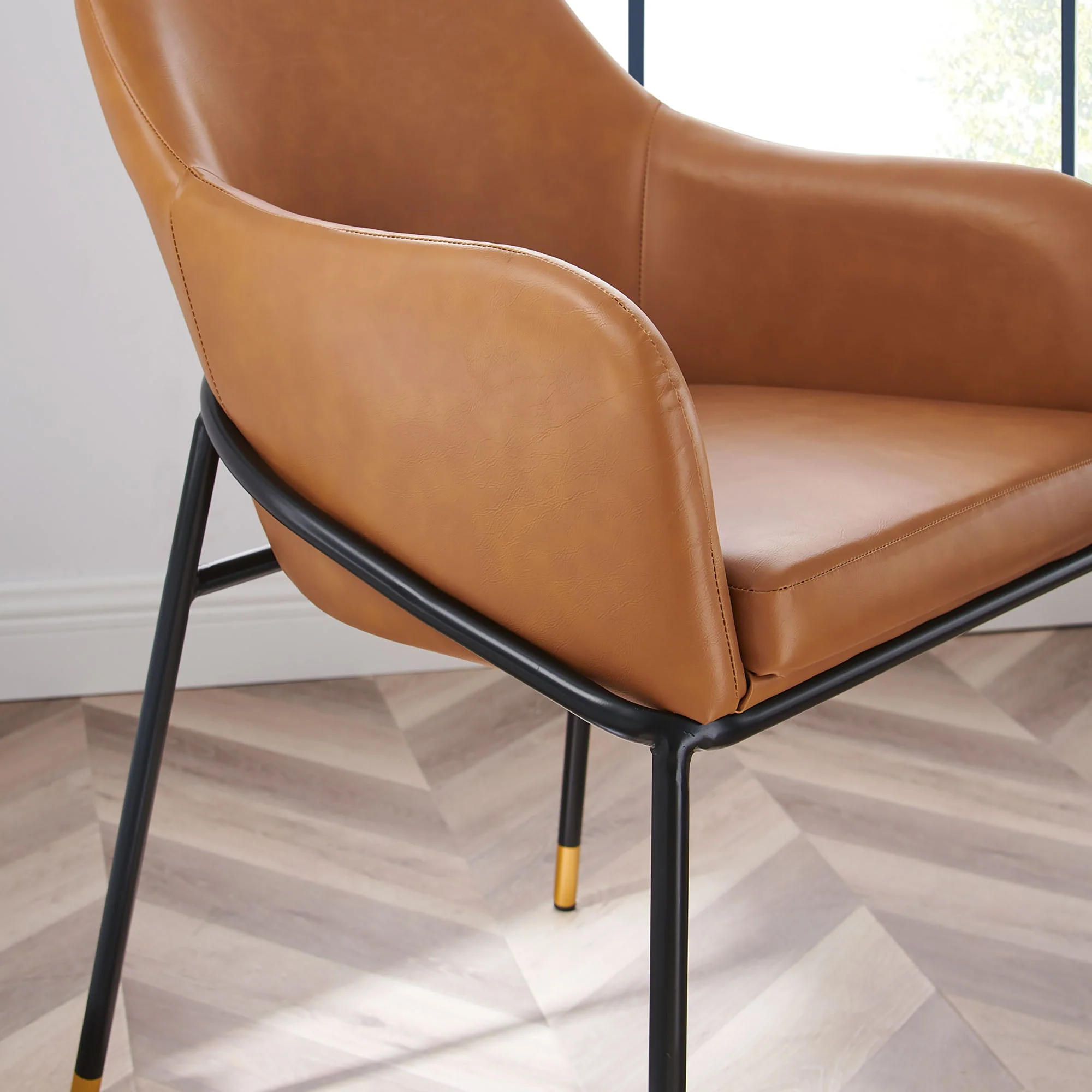 Vegan Leather Dining Armchair Set with Curved Back – Black Tan (Set of 2) - Image 7