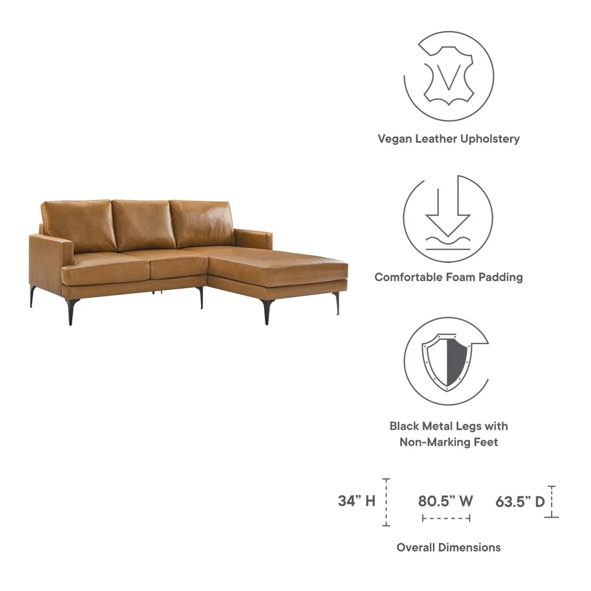 Vegan Leather Right-Facing Sectional Sofa with Chaise 81 Inch in Tan - Image 2