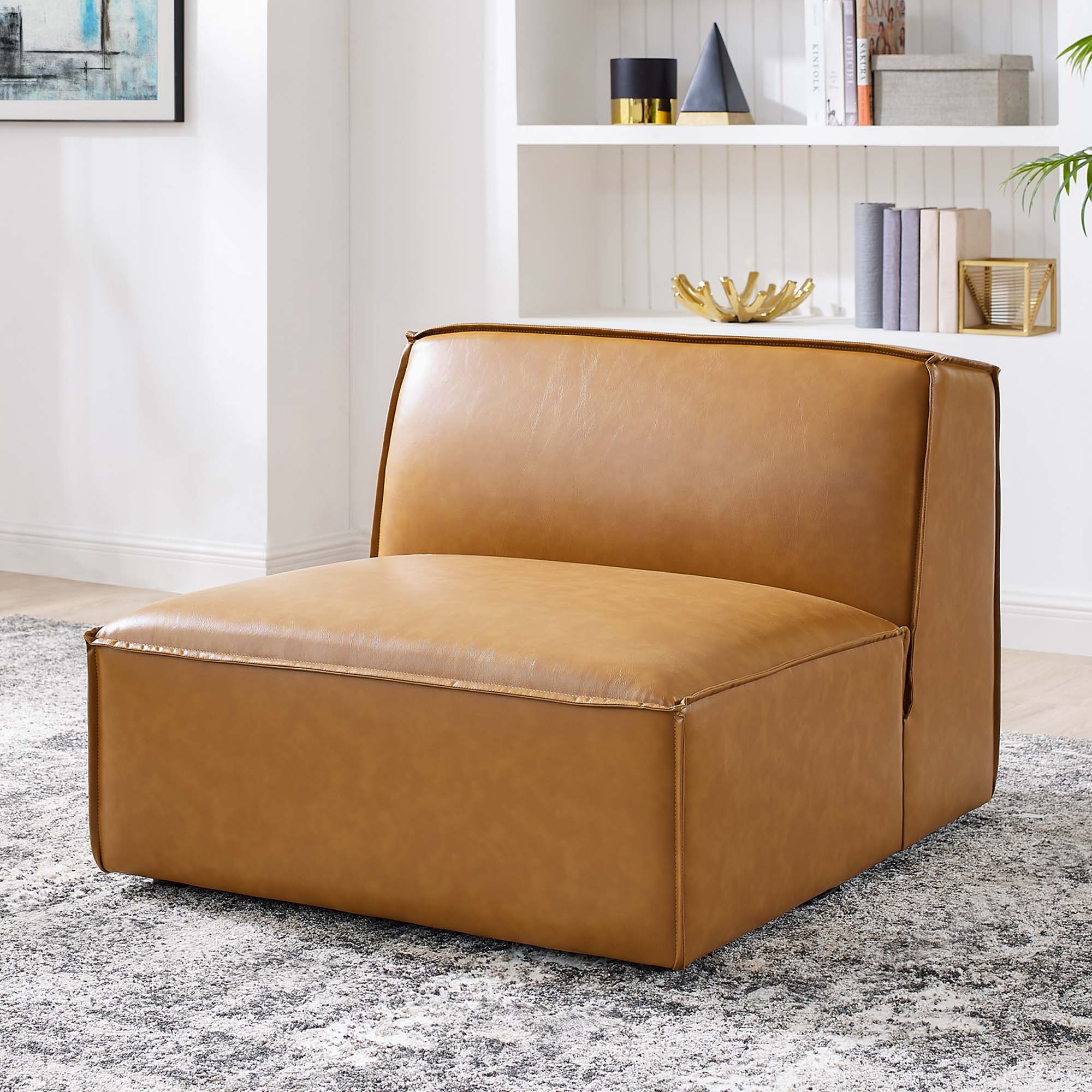 Vegan Leather Sectional Sofa Armless Chair in Tan - 35 Inch - Image 7