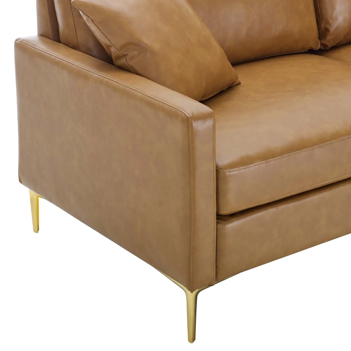 Vegan Leather Sofa with Gold Legs and Throw Pillows in Tan - Image 4