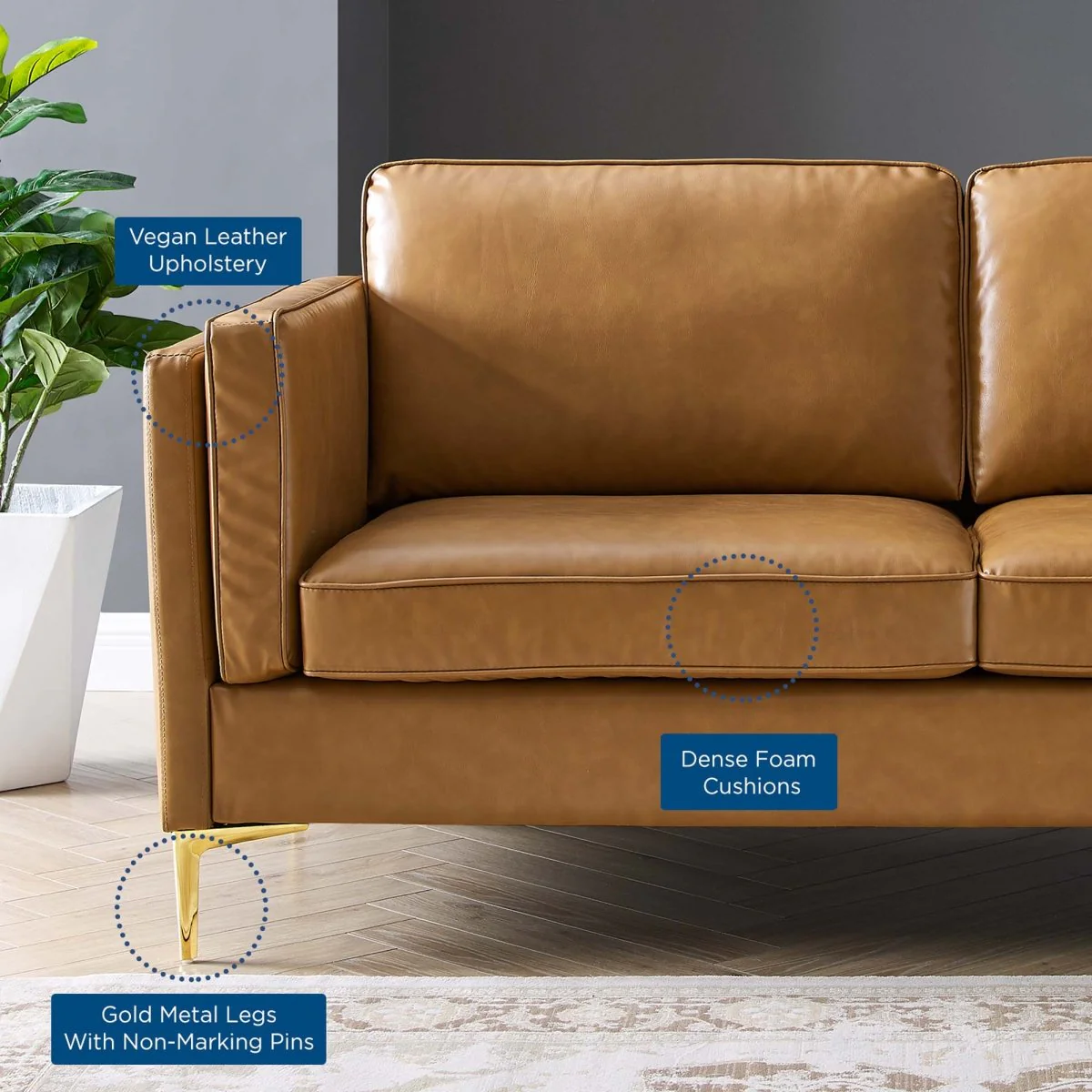 Vegan Leather Sofa with Gold Metal Legs in Tan - Image 2