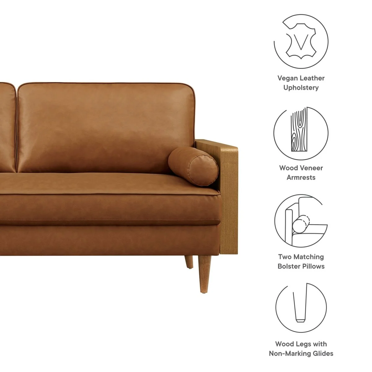 Vegan Leather Sofa with Wood Veneer Armrests - Image 2