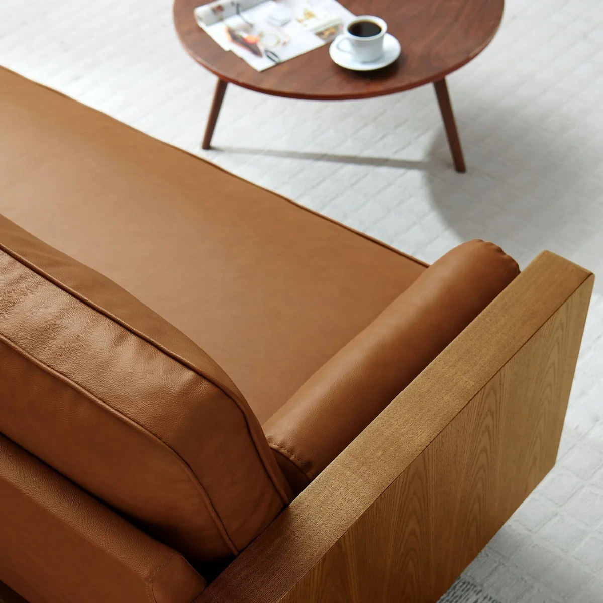 Vegan Leather Sofa with Wood Veneer Armrests - Image 4