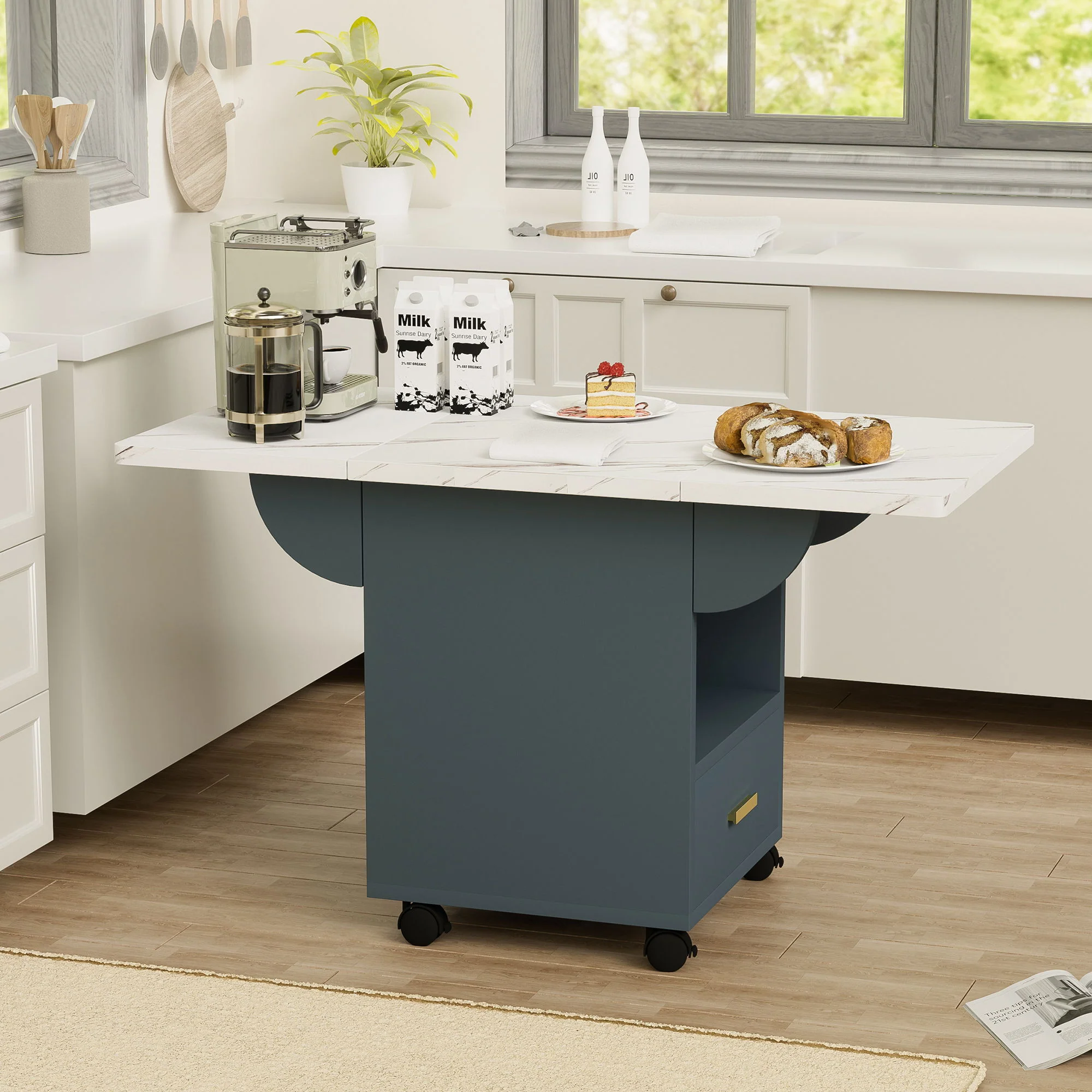 Versatile Wood Folding Dining Table With Wheels, Storage Rack & Drawer, Space Saving Design - White - Image 8