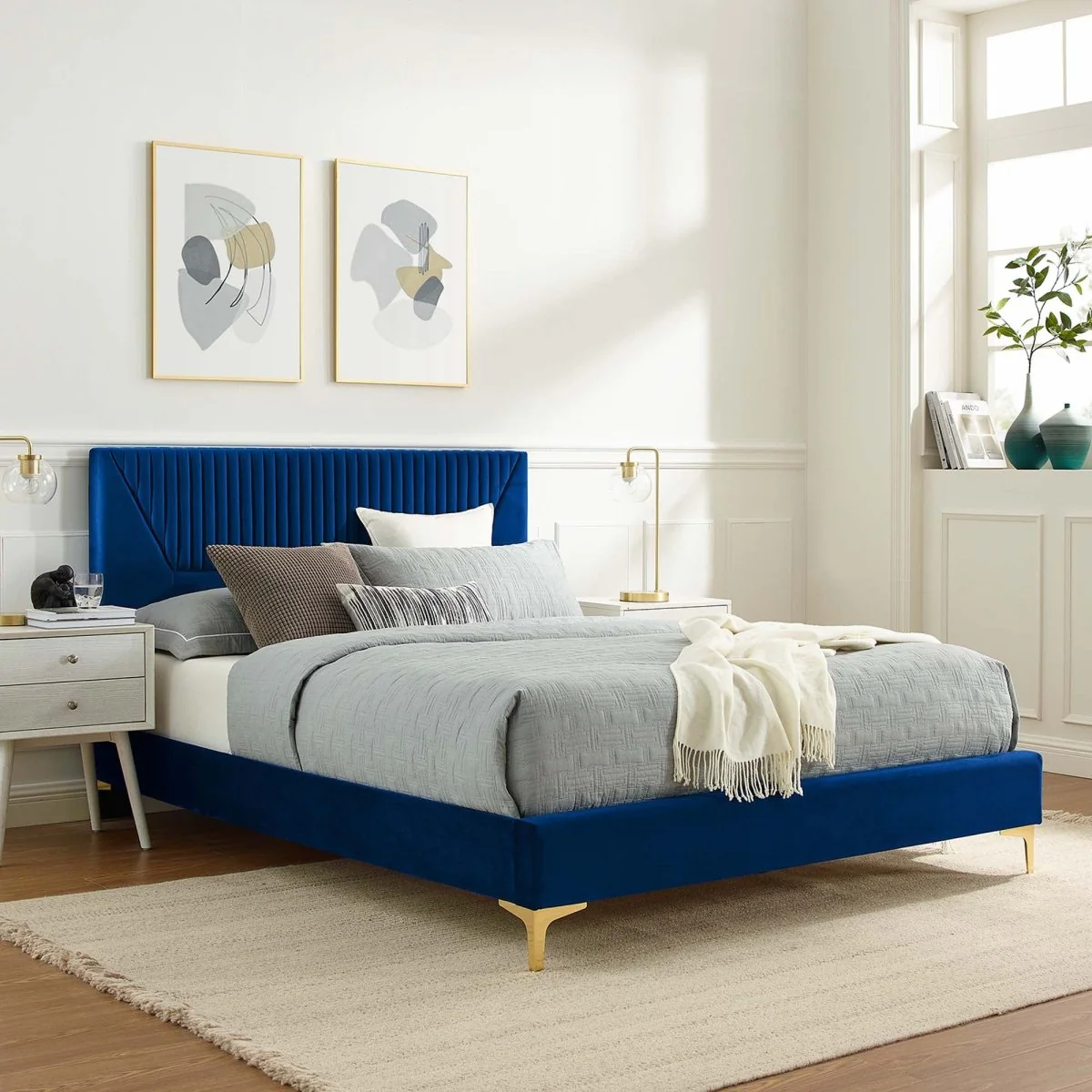 Vertical Channel Tufted Performance Velvet Platform Bed with Gold Legs - Image 10