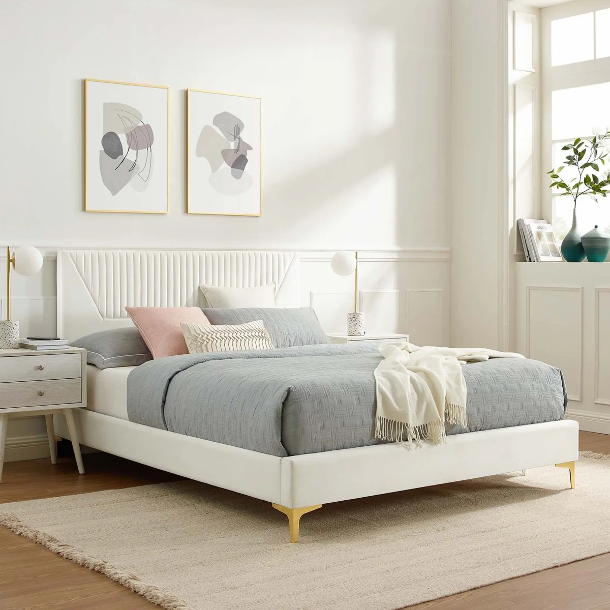 Vertical Channel Tufted Performance Velvet Platform Bed with Gold Legs - Image 25