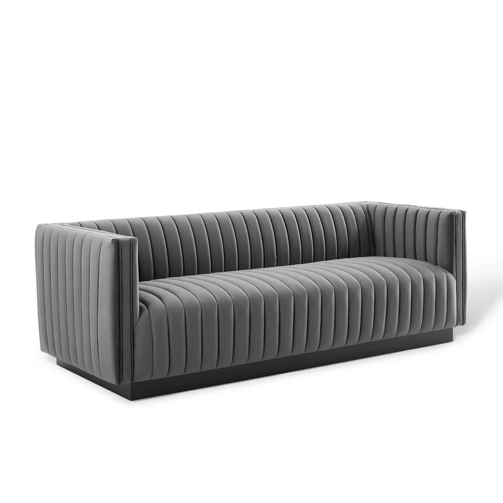 Vertical Gray Channel Tufted Velvet Sofa with Matte Black Base