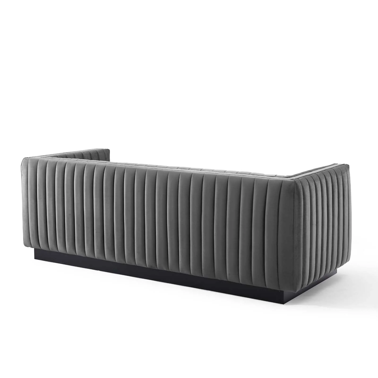Vertical Gray Channel Tufted Velvet Sofa with Matte Black Base - Image 4