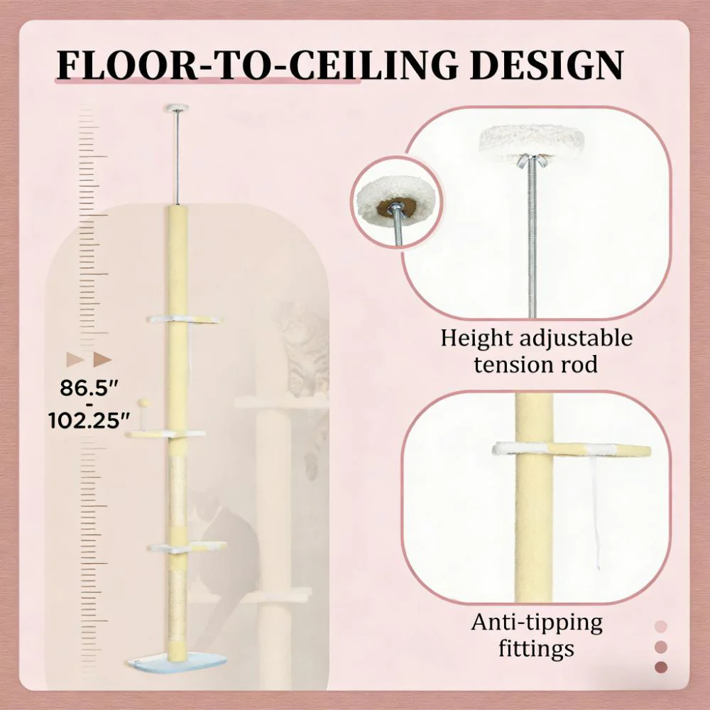 Vesta 102-Inch 4-Tier Floor-to-Ceiling Cat Tree with Sisal Scratching Posts - Image 4