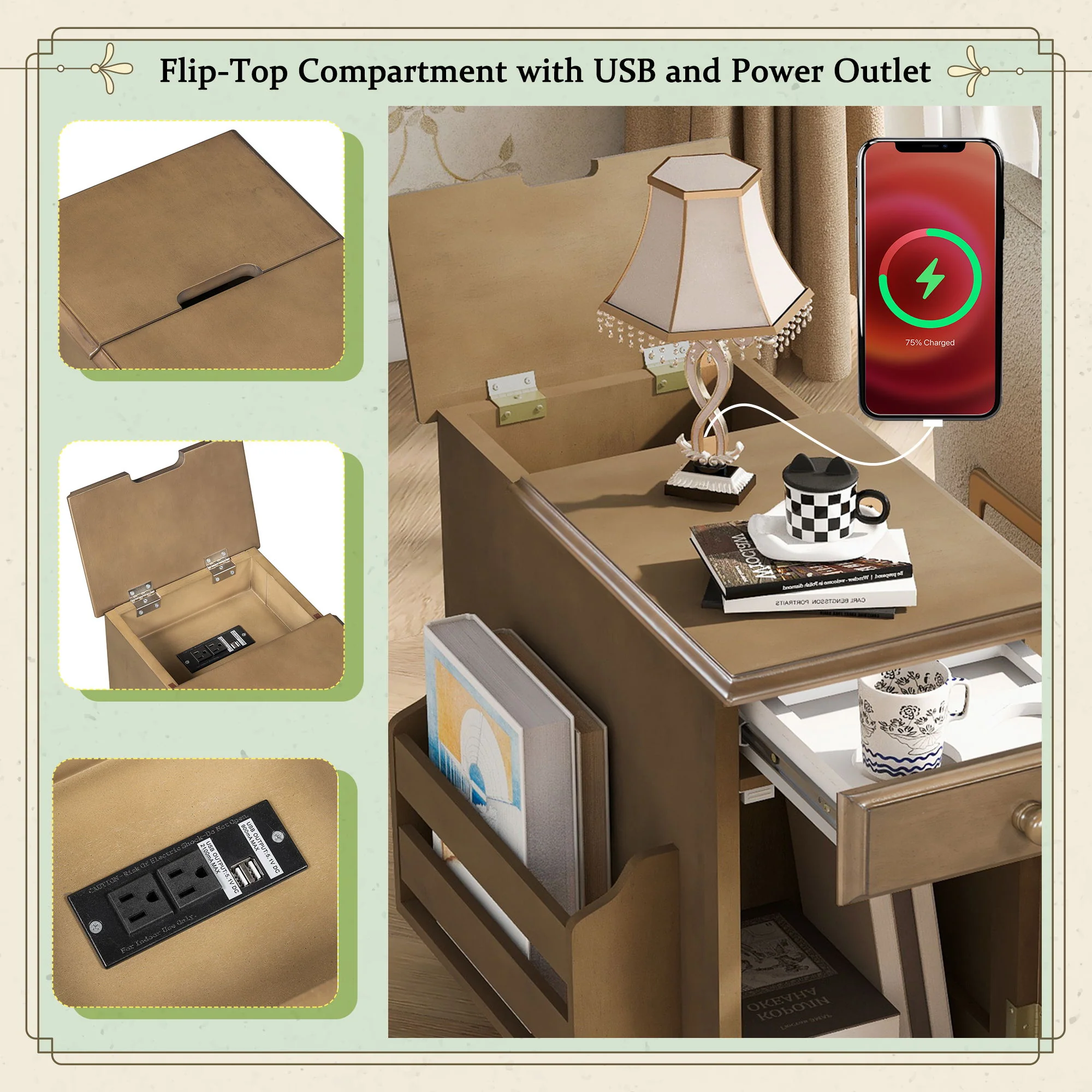 Vintage Flip Top Side Table With USB Ports - Image 13