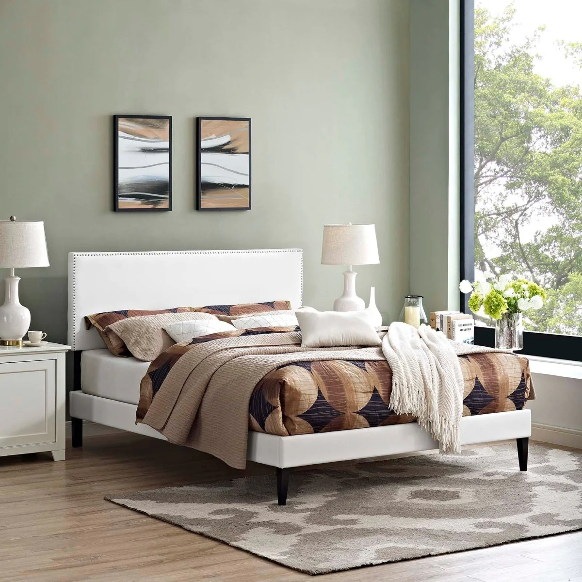 Full Vinyl Platform Bed with Squared Tapered Legs in White - Image 5
