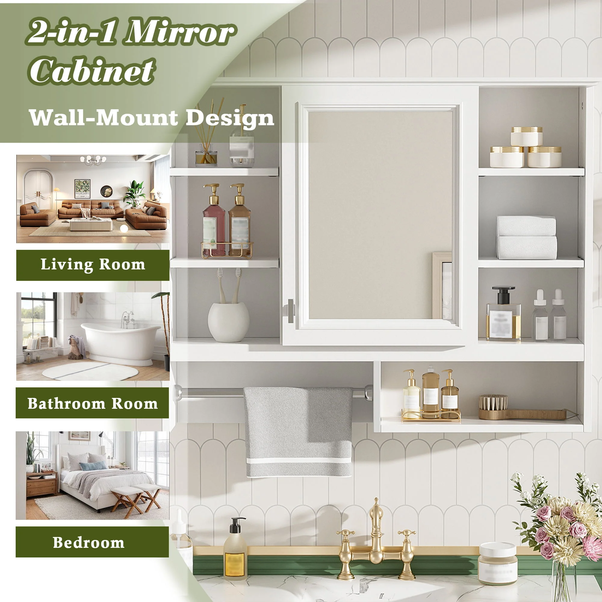 Wall Mount 2 In 1 Mirror Cabinet With Adjustable Shelves, Open Storage, For Bathroom Vanity - White - Image 4