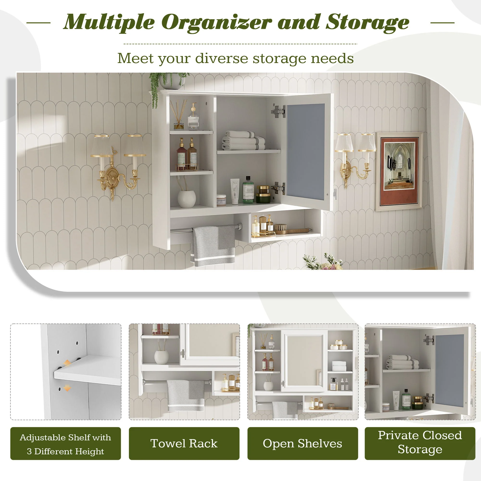 Wall Mount 2 In 1 Mirror Cabinet With Adjustable Shelves, Open Storage, For Bathroom Vanity - White - Image 5
