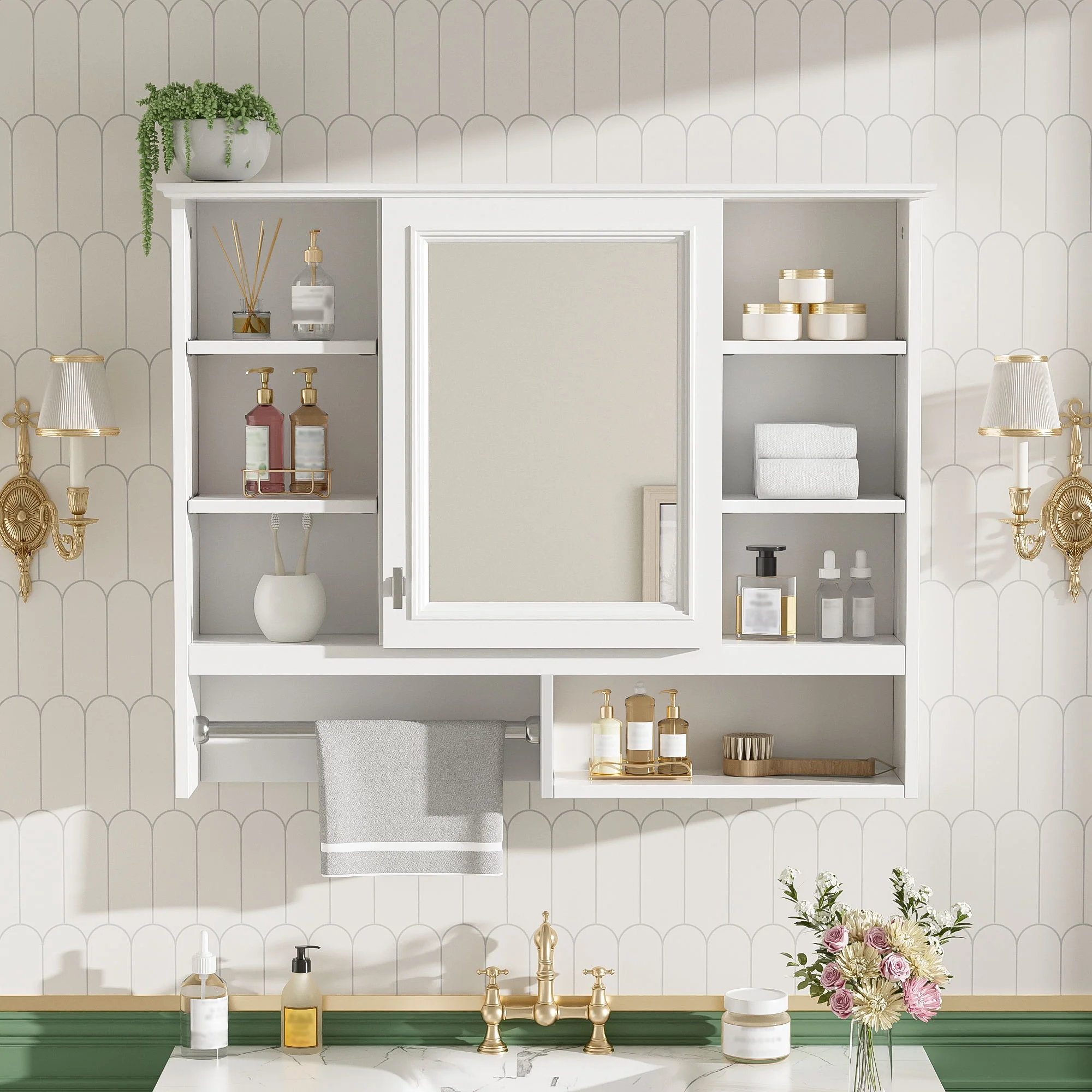 Wall Mount 2 In 1 Mirror Cabinet With Adjustable Shelves, Open Storage, For Bathroom Vanity - White - Image 9